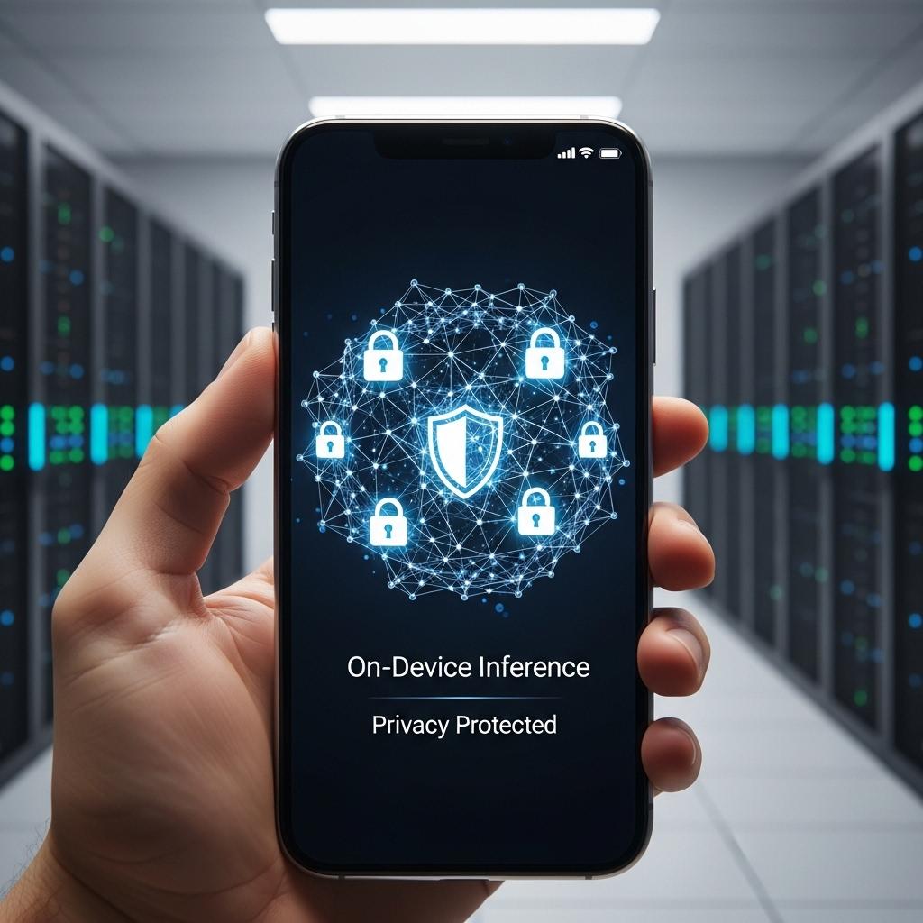 Illustration of a smartphone running a small neural model with a shield icon representing privacy