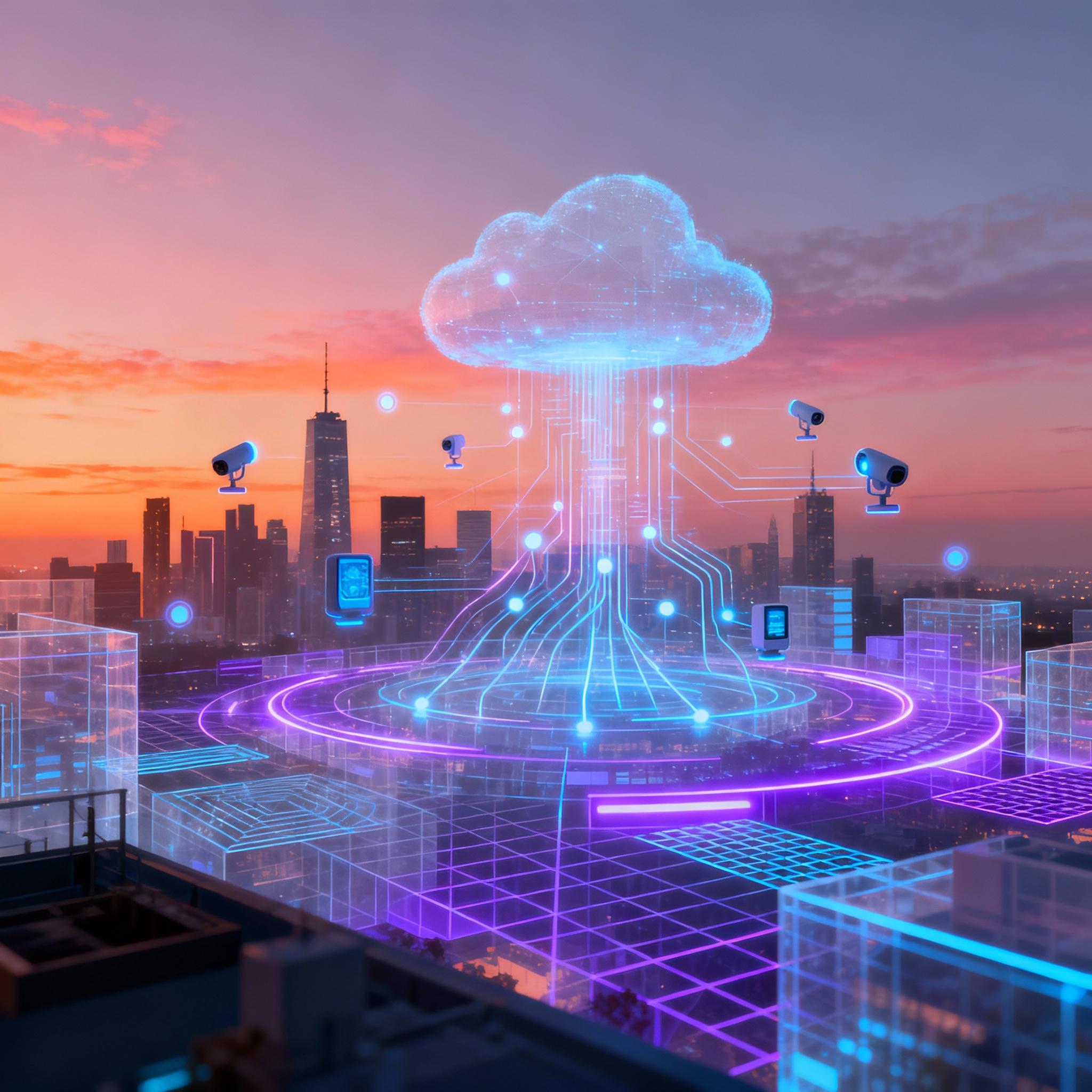Stylized city skyline with digital twin overlays and edge devices connected