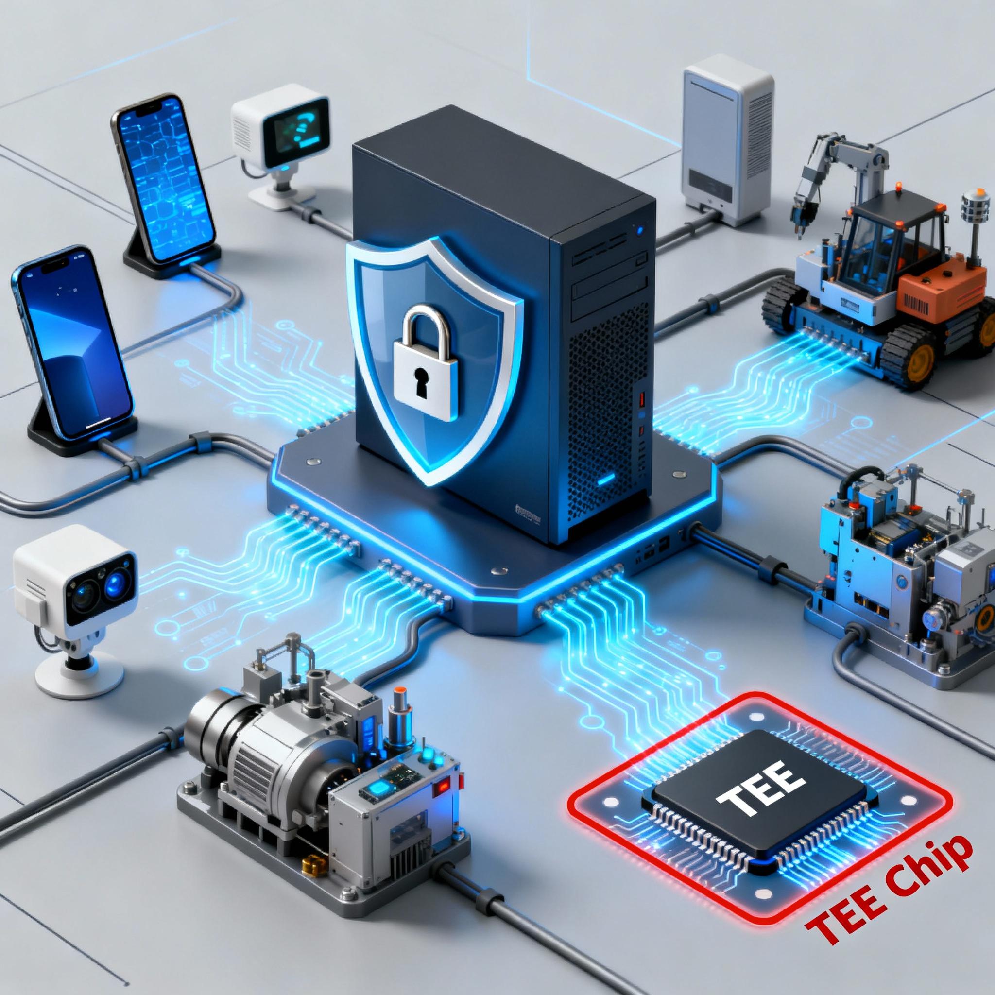 Edge devices, server, shield icon representing privacy-preserving AI