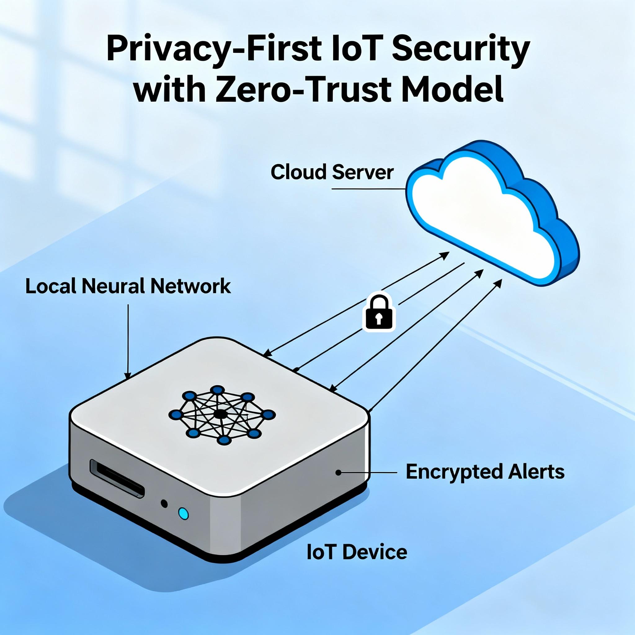 Illustration of an IoT device running a small AI model that detects anomalies without sending raw data to the cloud