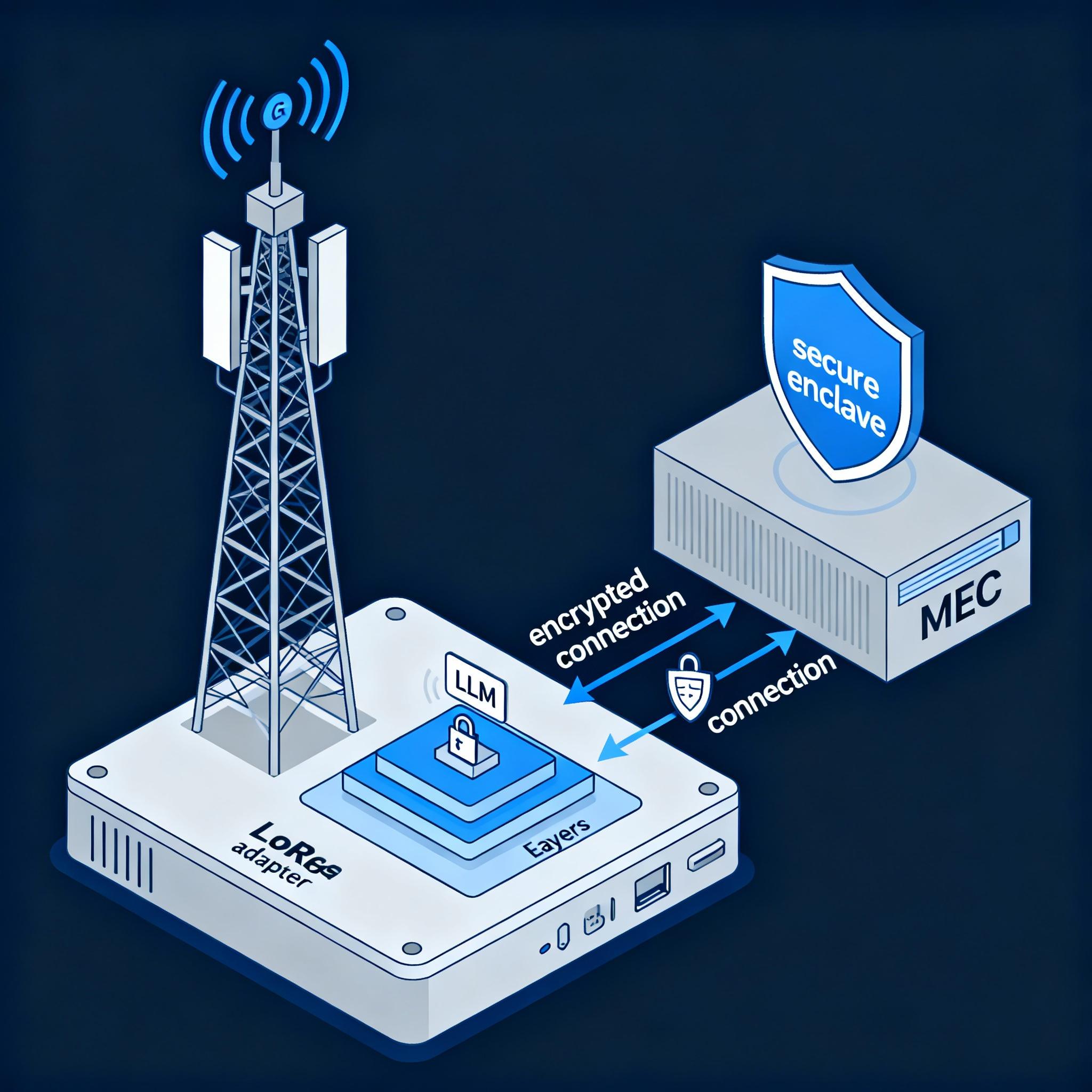 Edge device running a small LLM, connected to a 6G mast, with a secure enclave icon