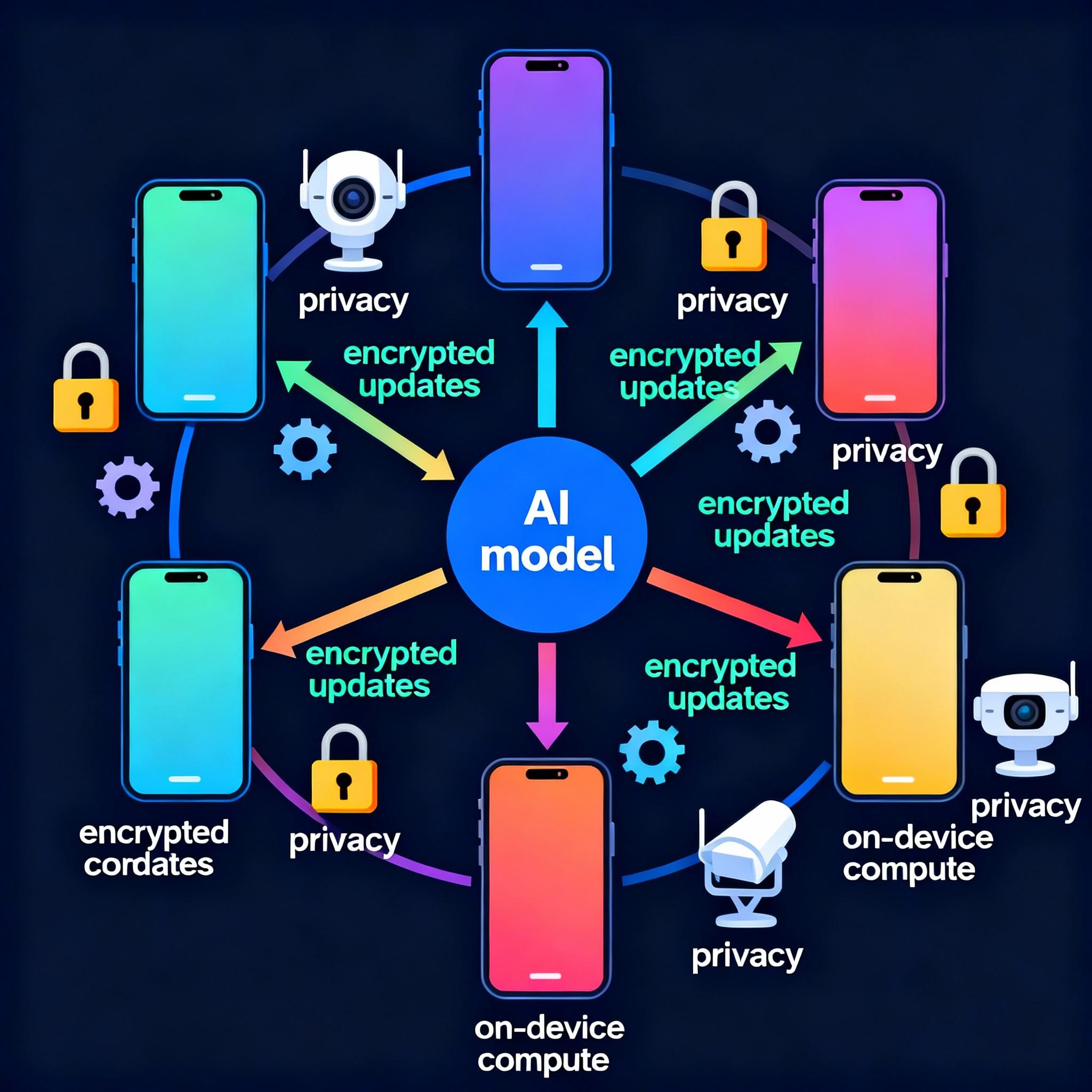 Illustration of multiple devices training a shared model with a central server coordinating updates, with locks and data lines indicating privacy and secure aggregation.