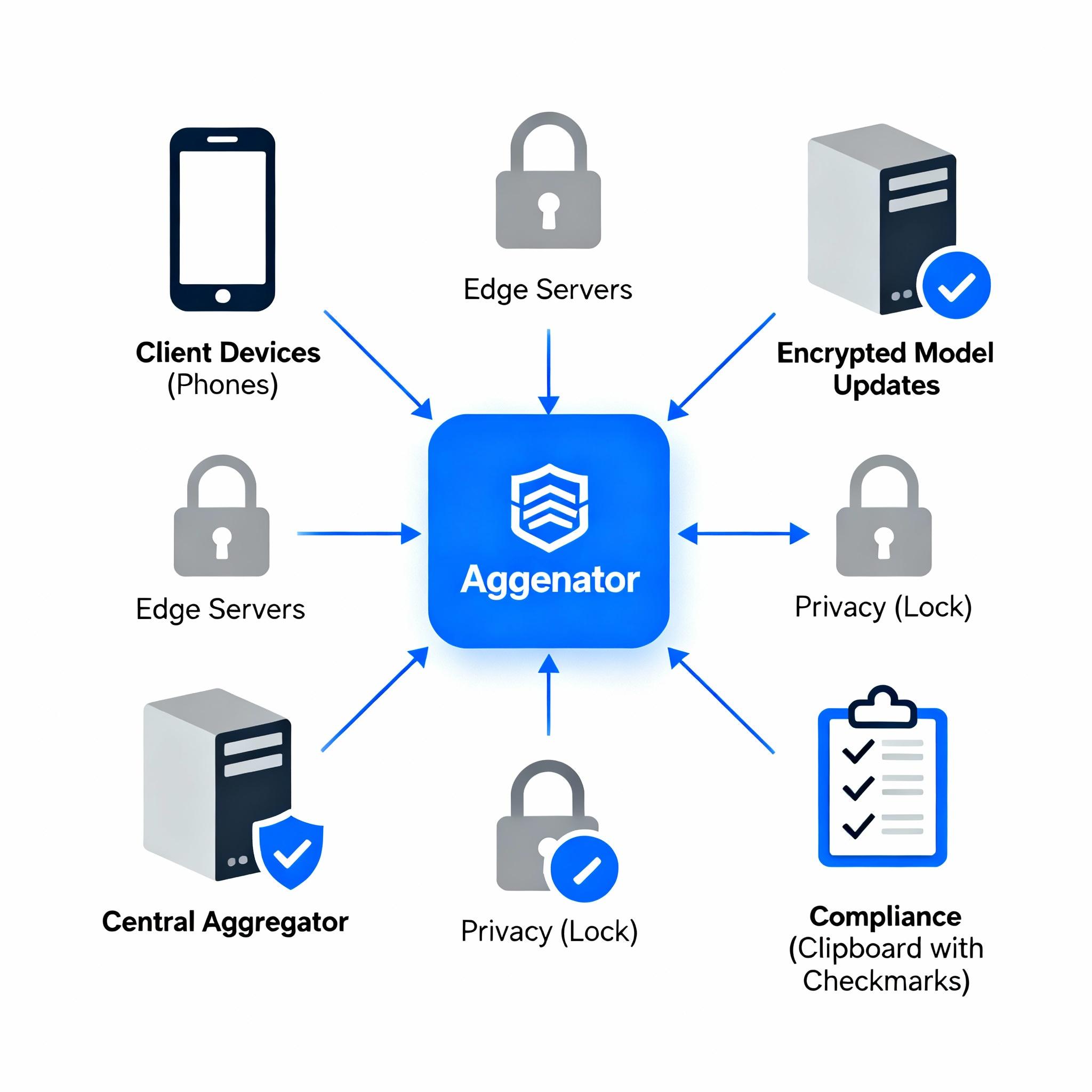 A secure network of devices exchanging encrypted model updates