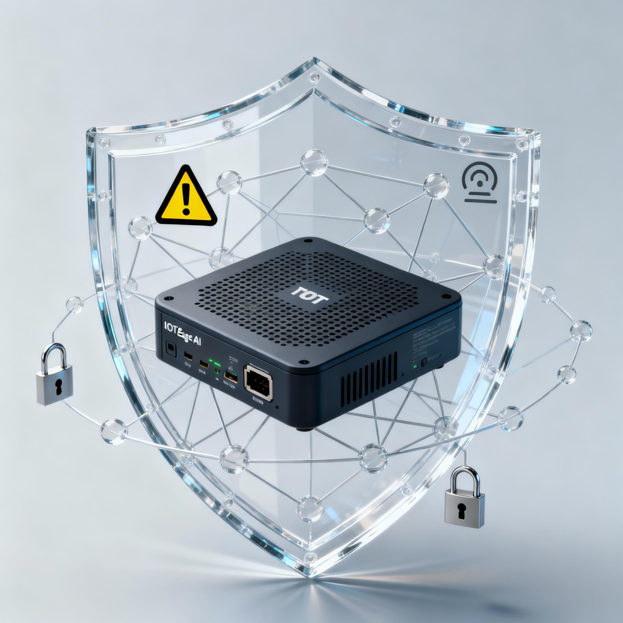 Illustration of a secured IoT device with a neural network shield and warning icons