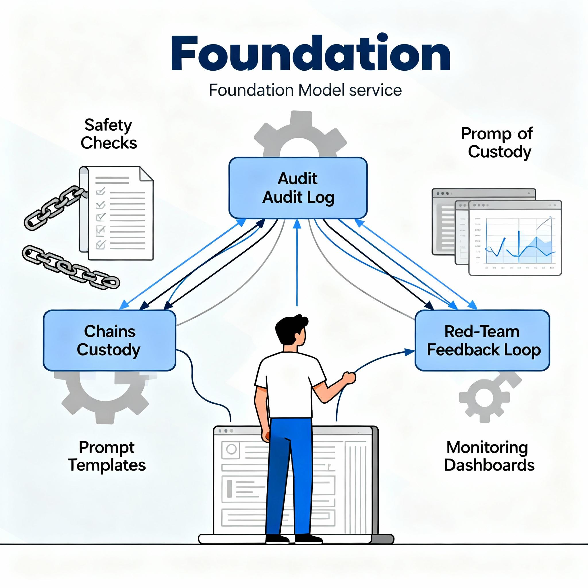 A developer designing a secure pipeline for foundation models, showing chains of custody, safety checks, and red-team feedback loops.