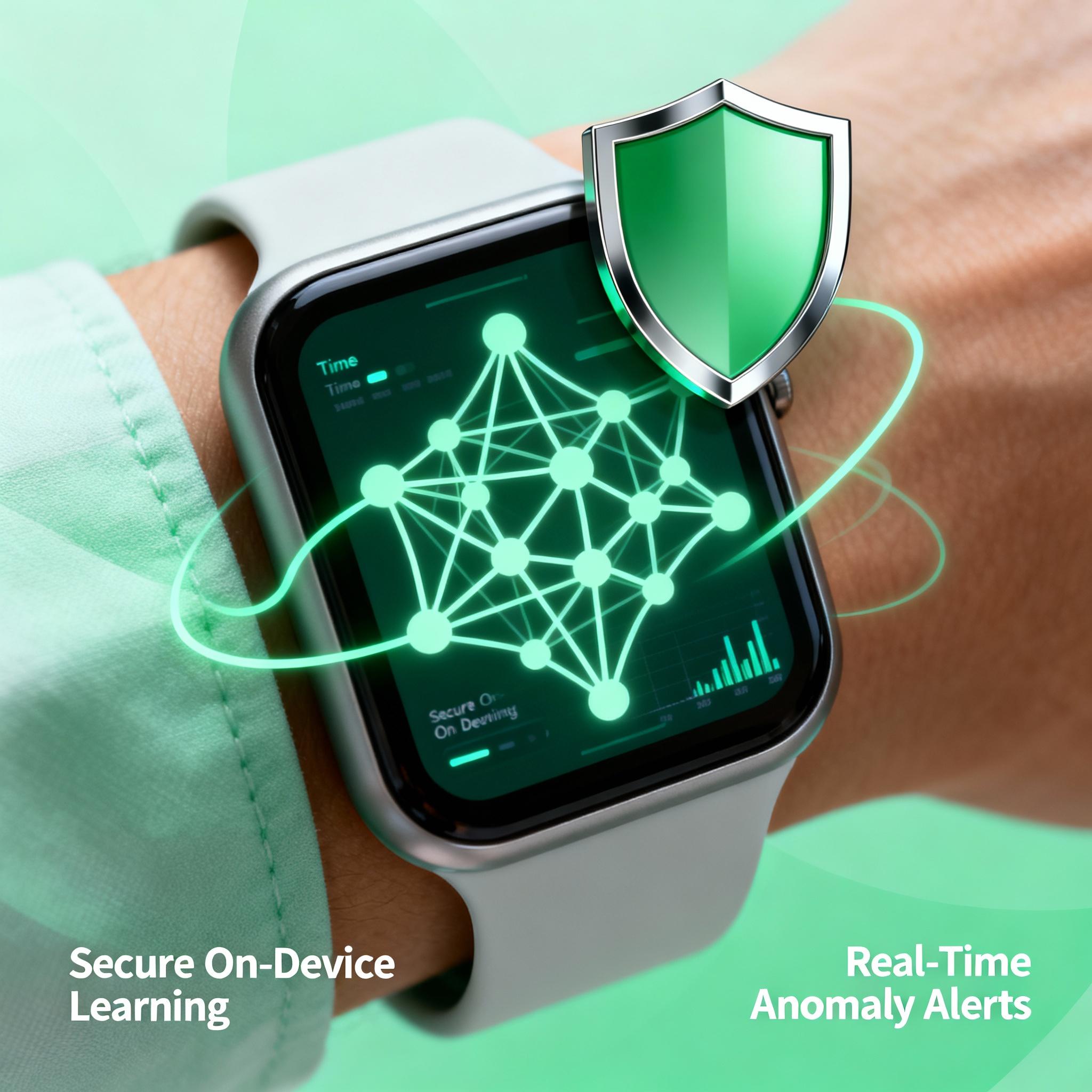 A medical wearable on a wrist with neural network nodes and shield representing privacy