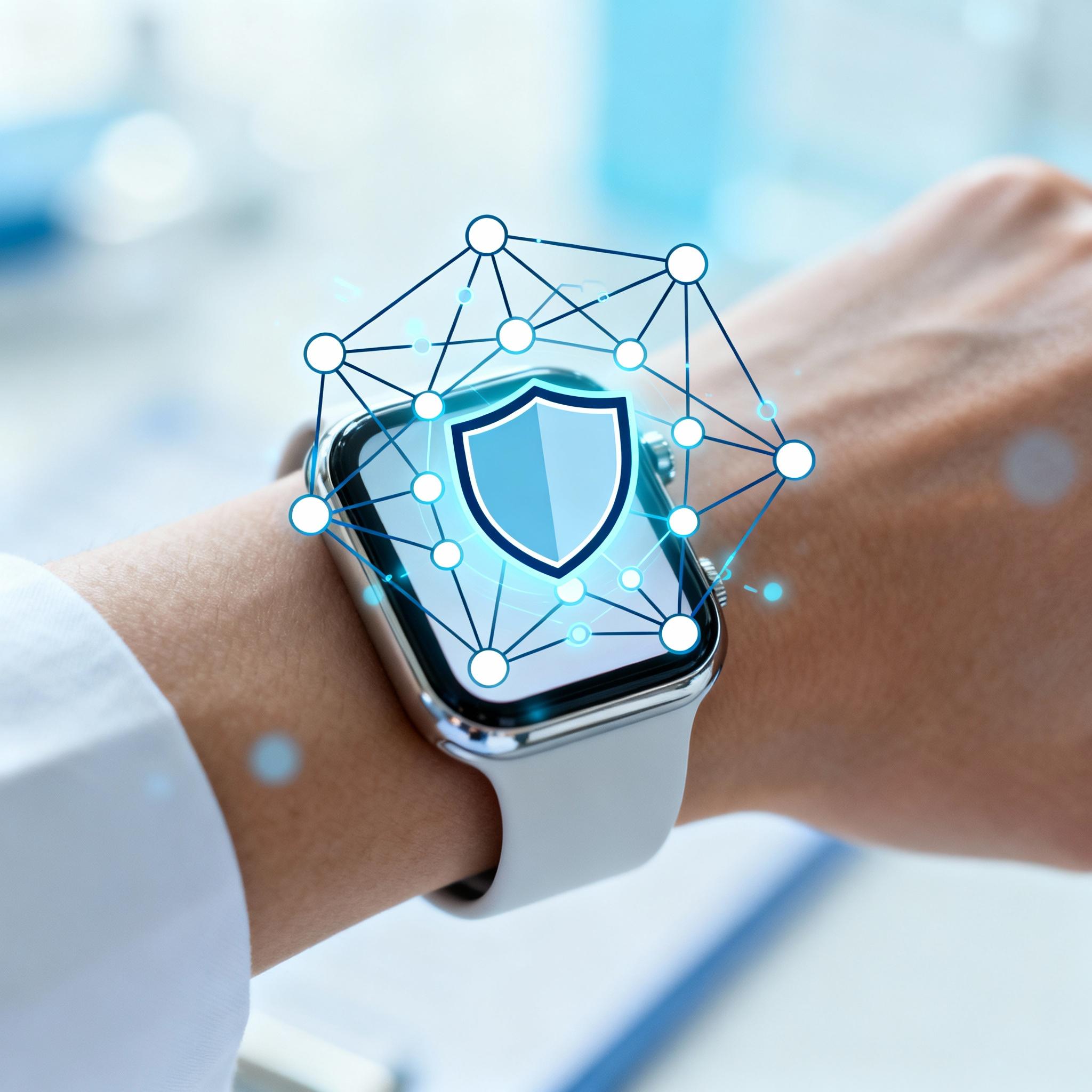 A smartwatch with a small neural network icon and shield overlay representing privacy-preserving federated learning on-device