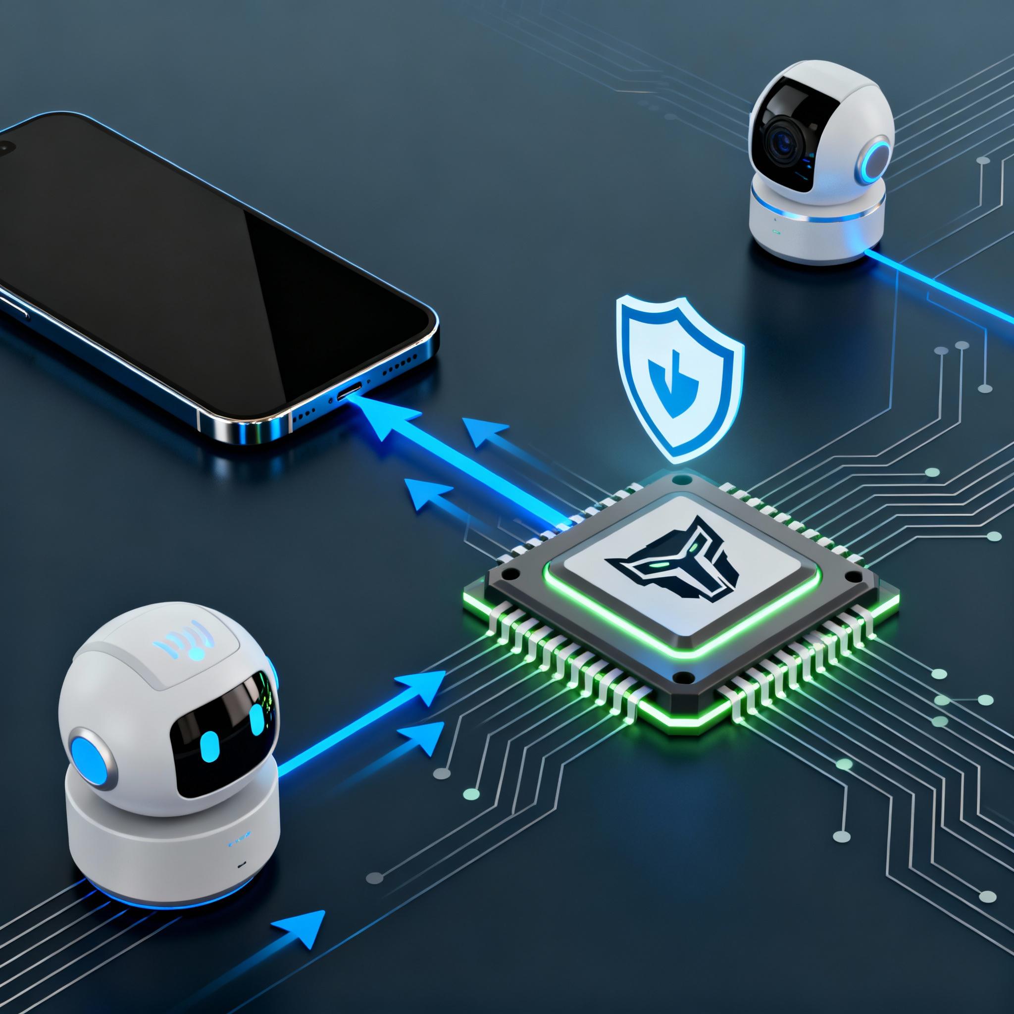 Illustration of a smartphone and IoT devices with a microchip shaped like a transformer model, arrows showing low latency and privacy shield.