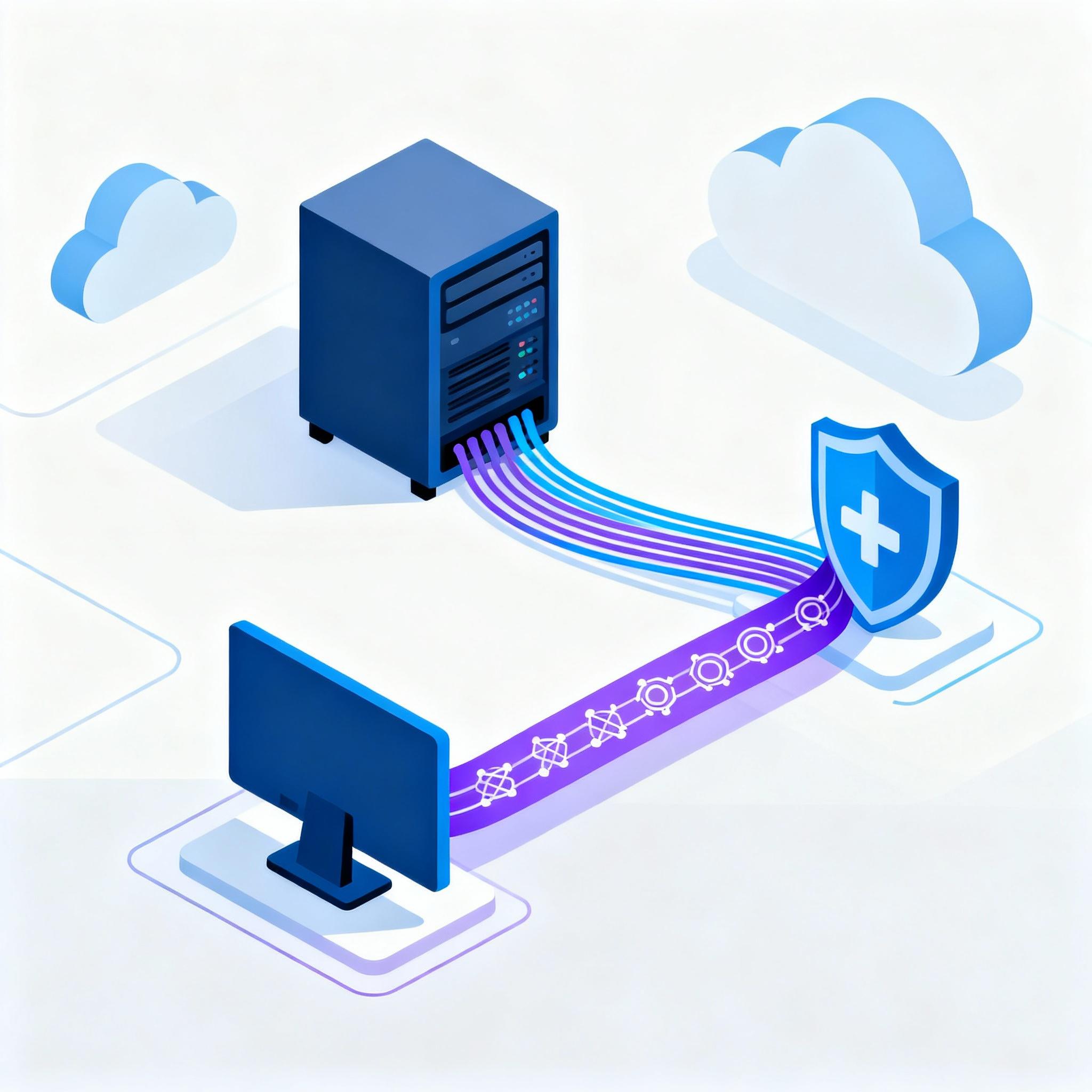 Abstract quantum circuitry blending into modern web API iconography