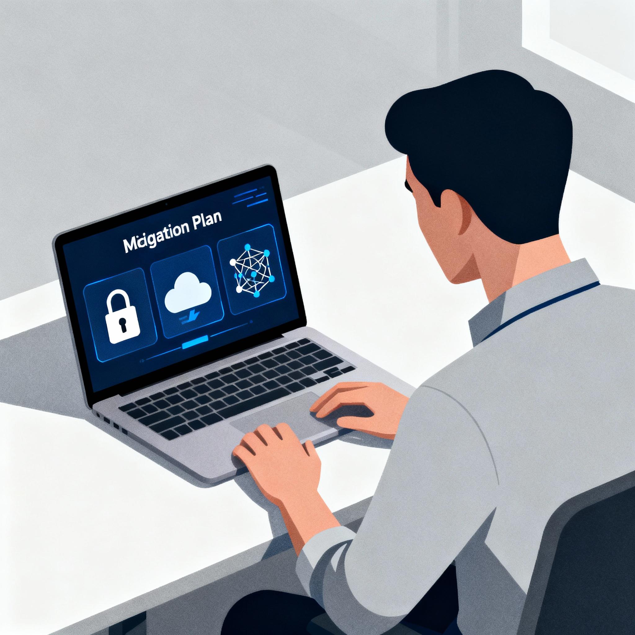 Developer planning migration strategy with locks and quantum symbols