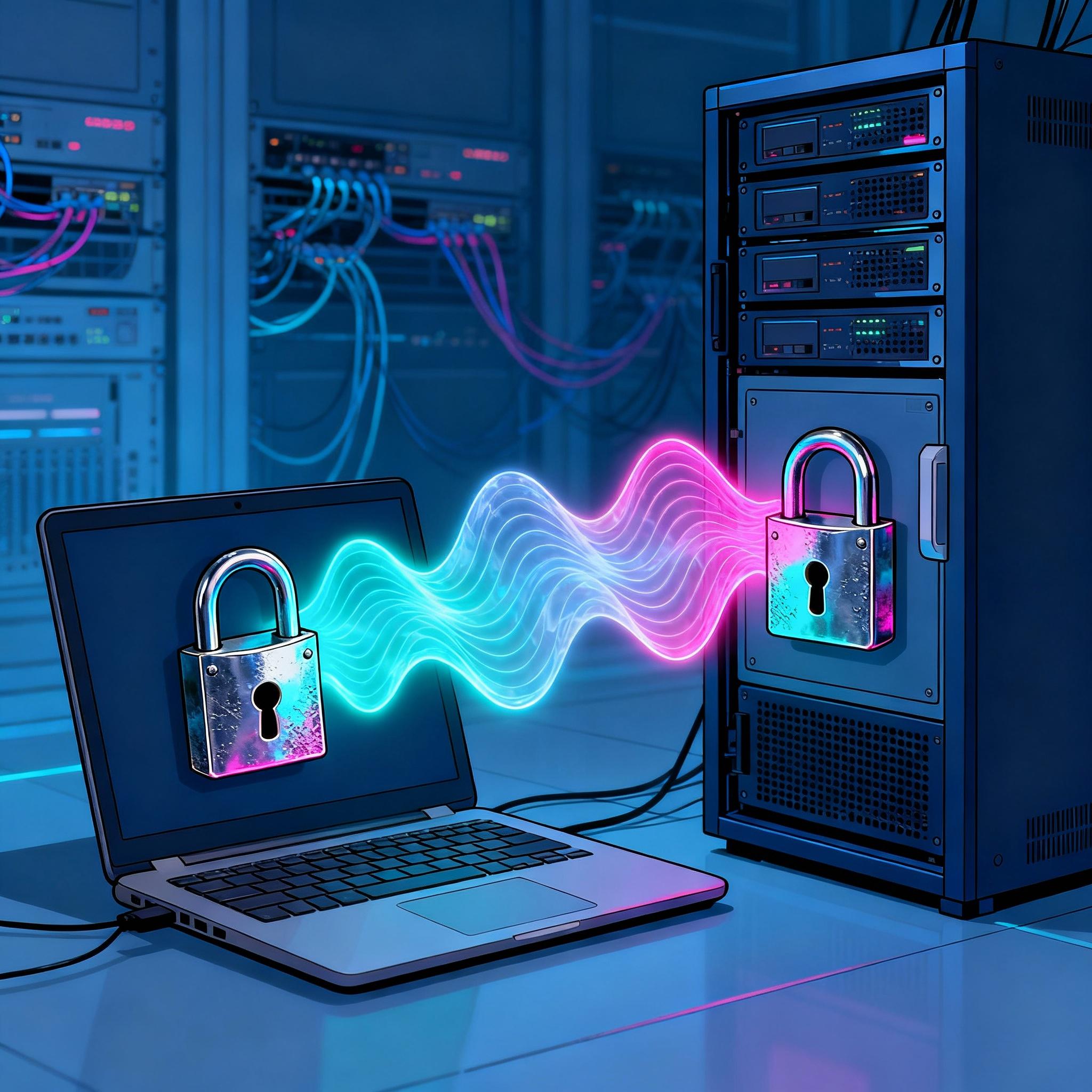 Abstract illustration of classical and quantum cryptography merging around a TLS handshake