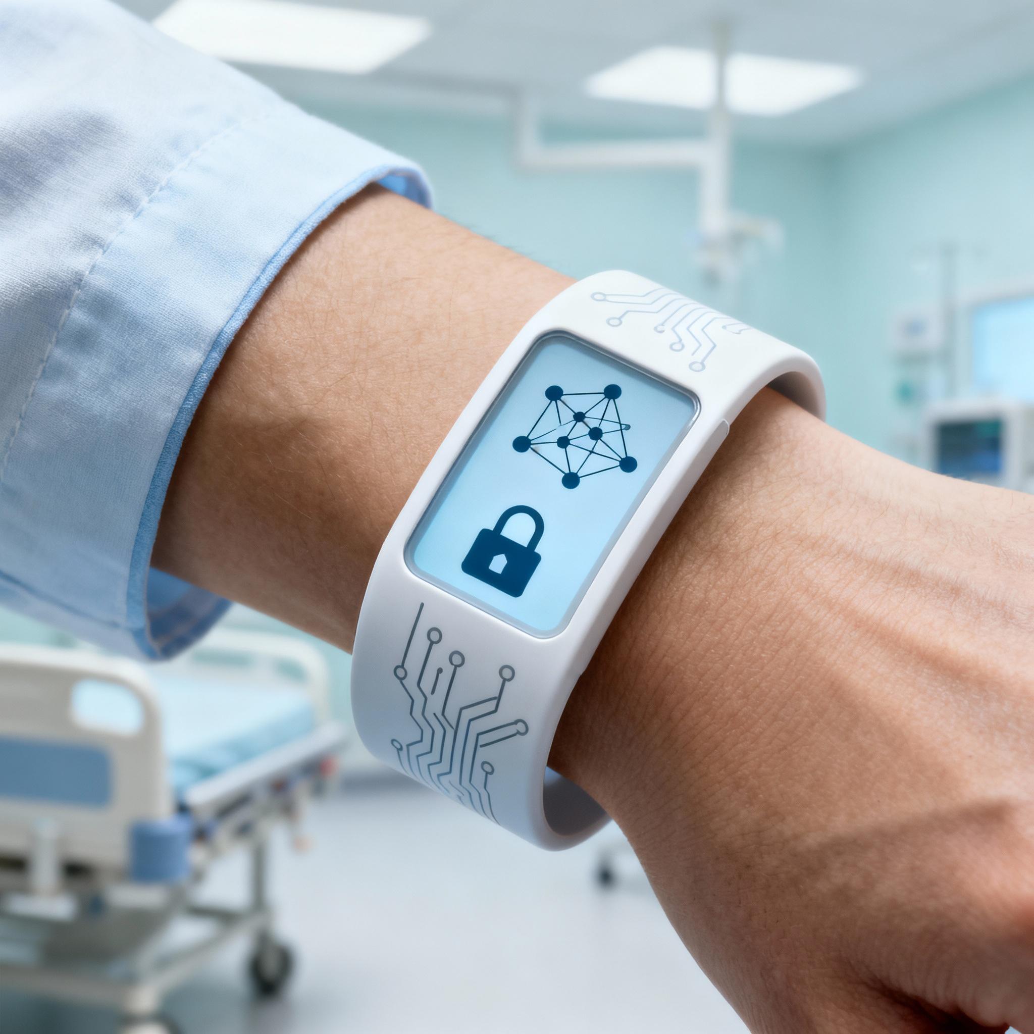 A medical wearable device with a lock icon and a tiny neural network diagram