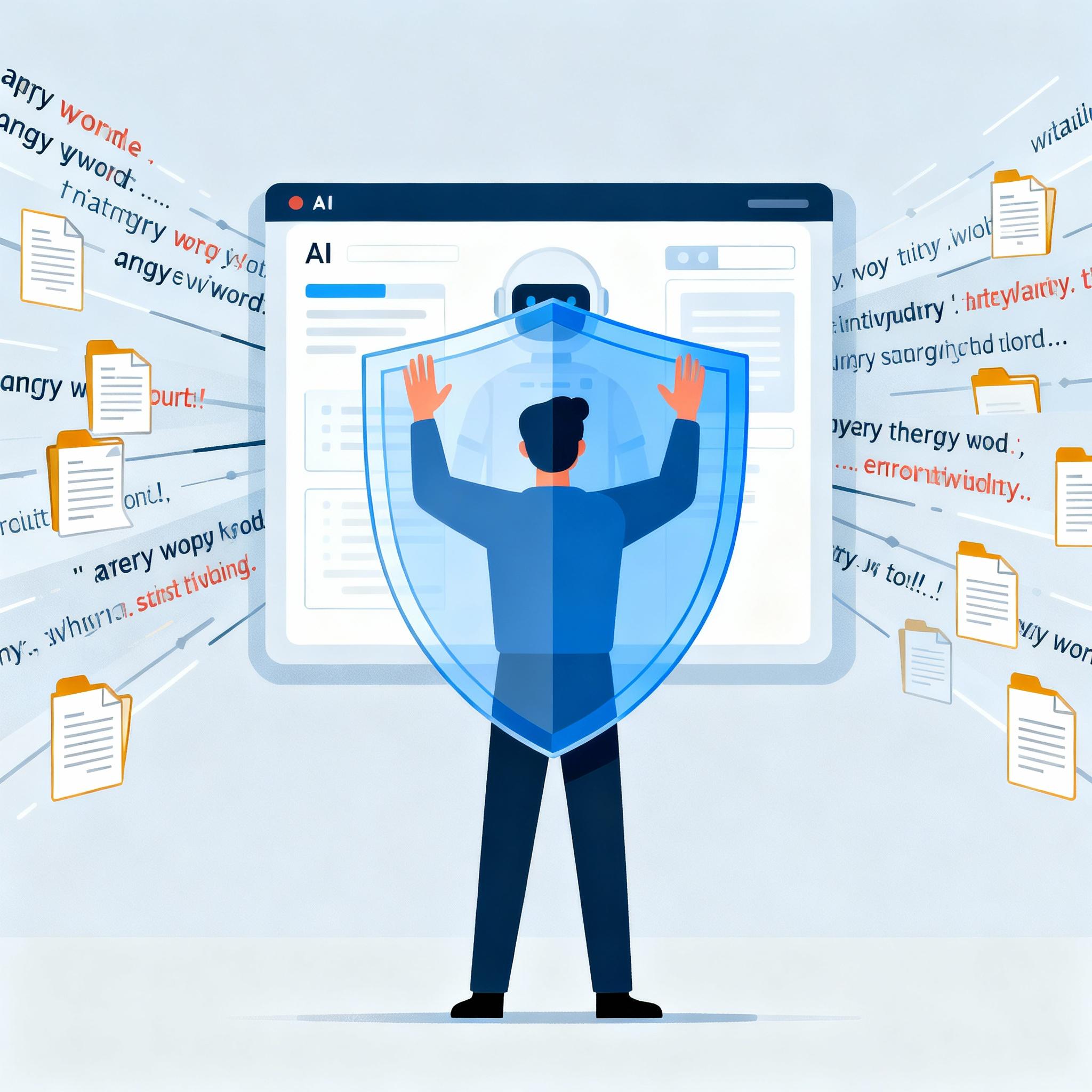 Illustration of a developer shielding an AI assistant from malicious text