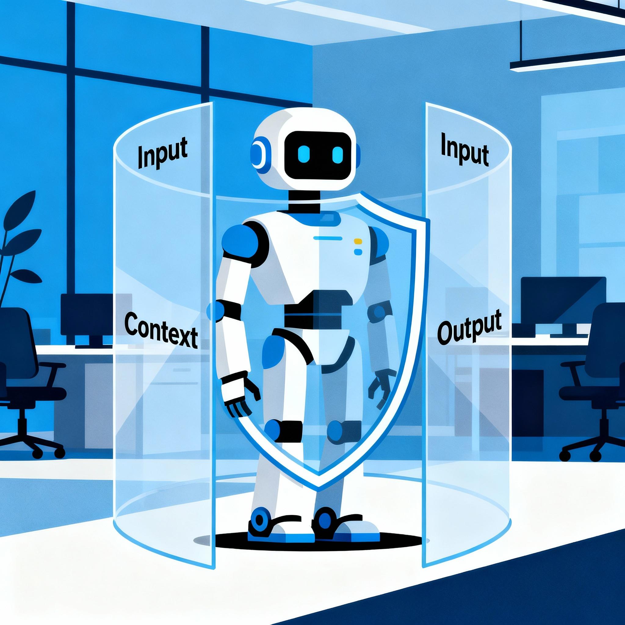 Illustration of a secure AI copilot guarded by multiple layers of shields