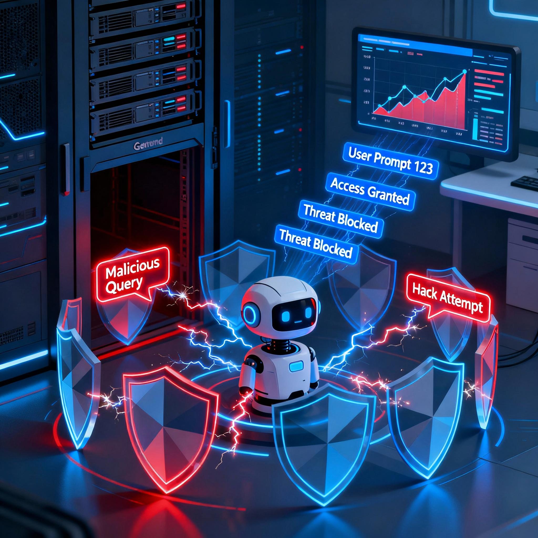 Illustration of a secure gateway protecting an AI model from malicious prompts