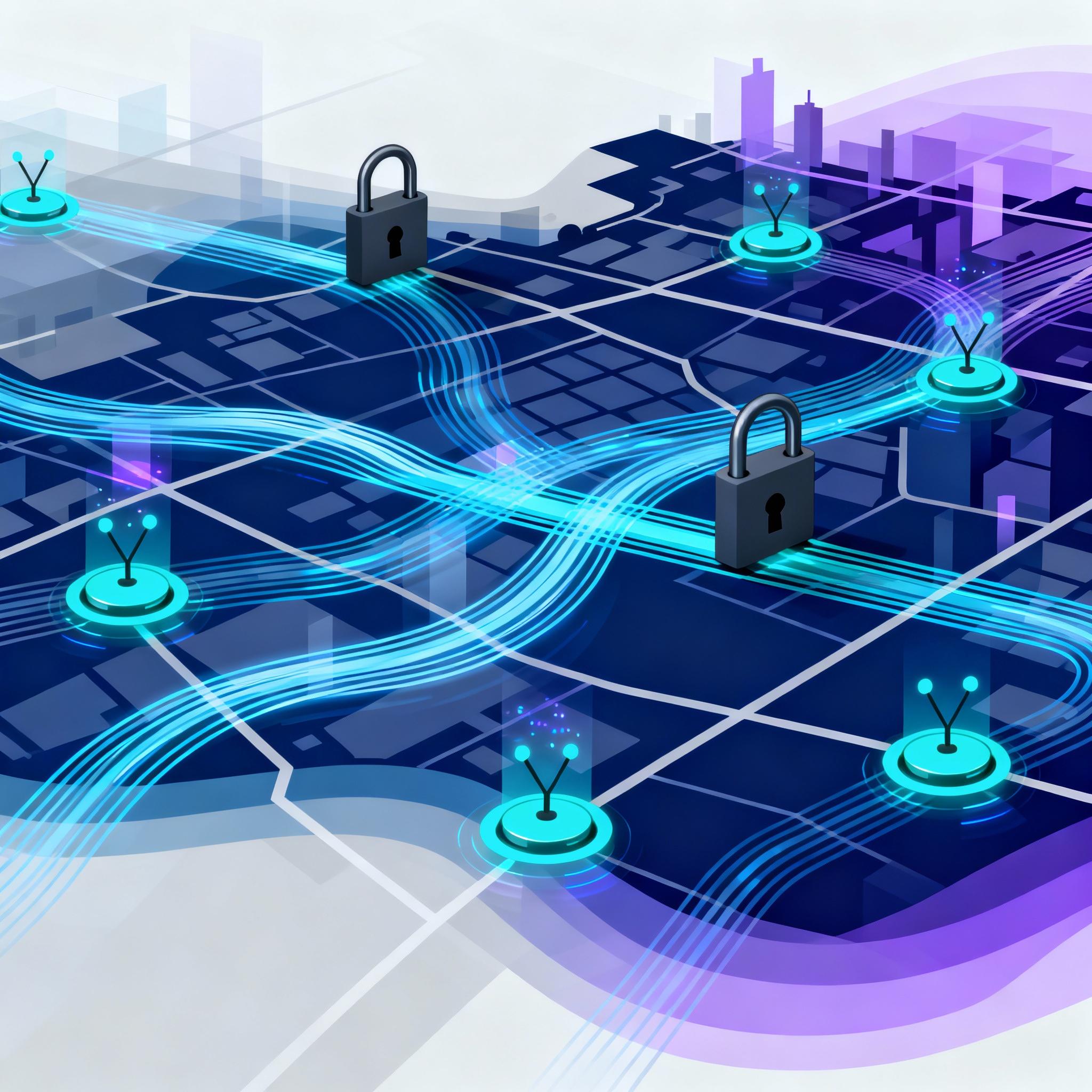 Stylized city map with data streams and padlocks indicating secure, private digital twin connections
