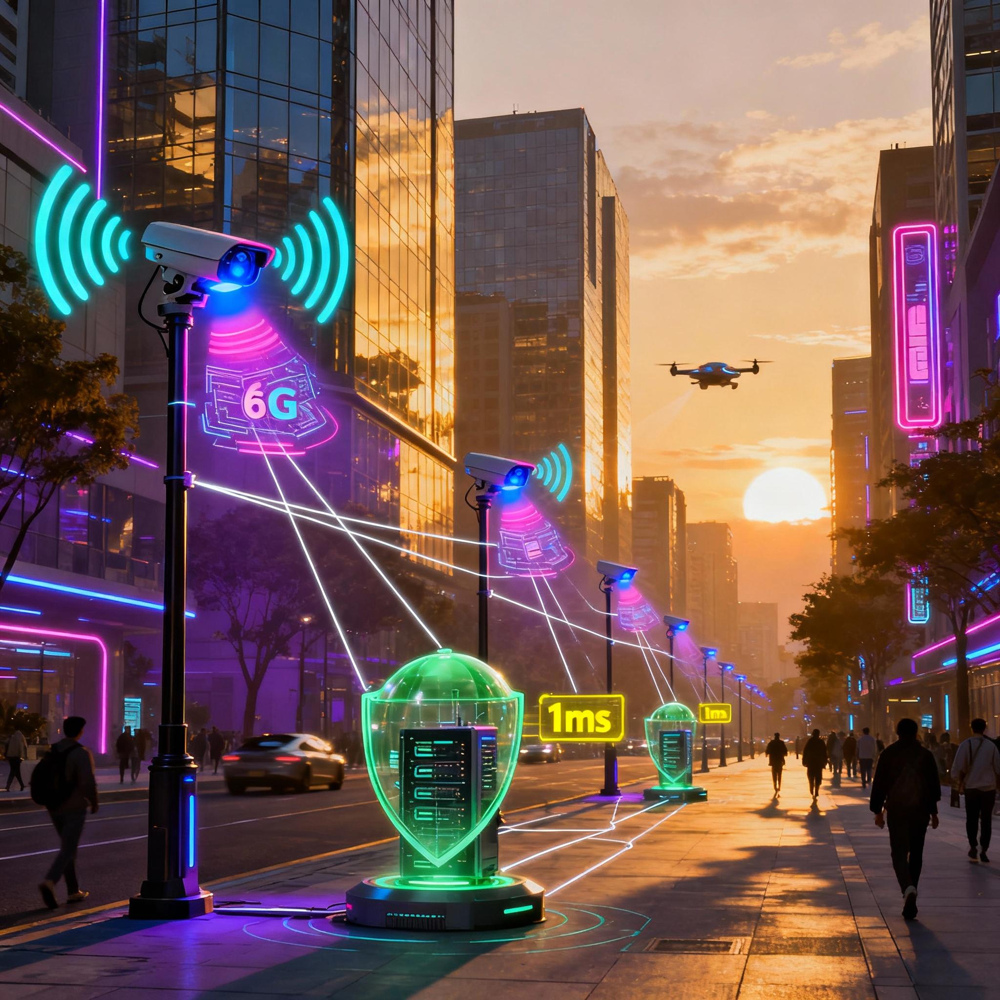 Smart city street with edge nodes and 6G connectivity visualized