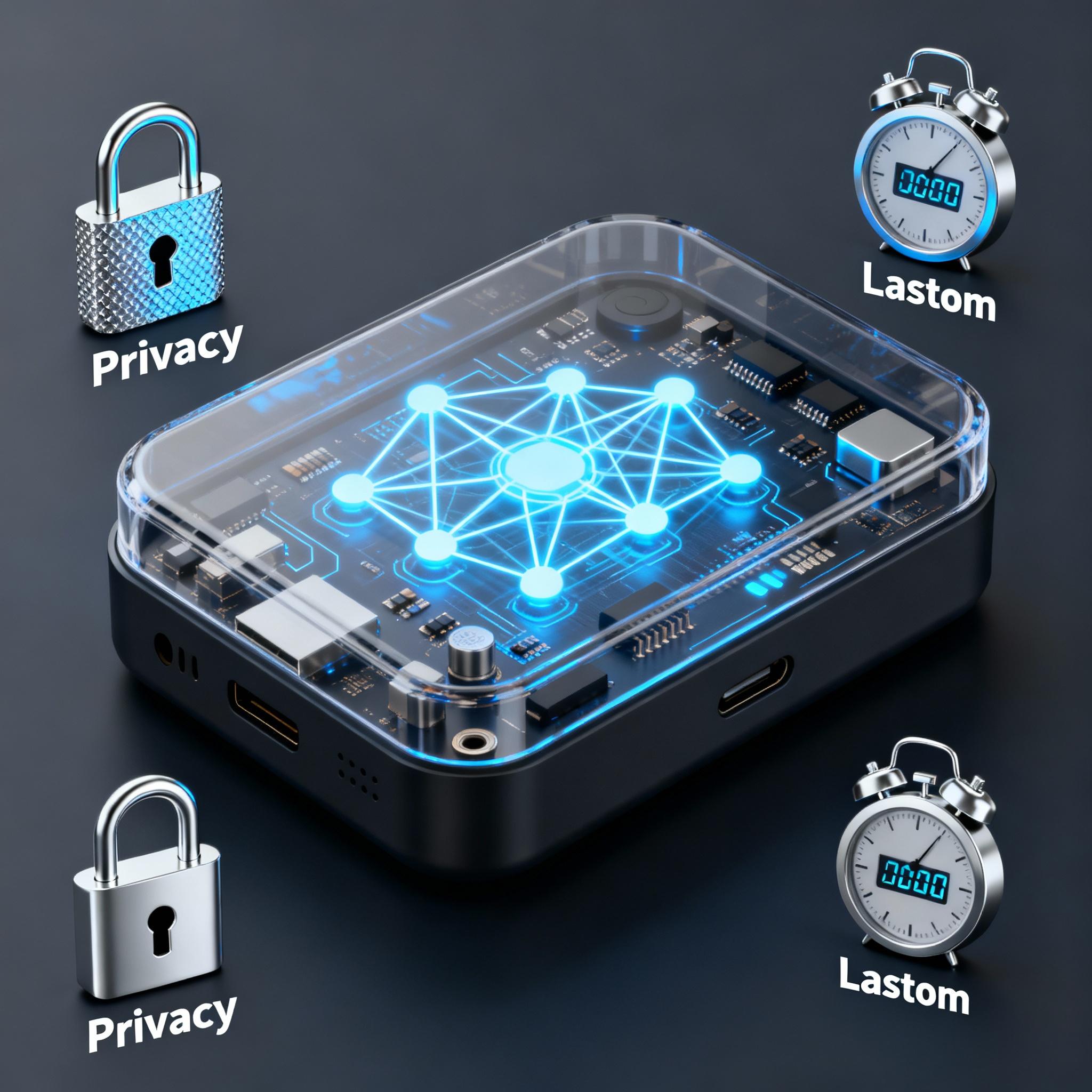 A small smart device with a neural net glowing inside, representing on-device LLM inference