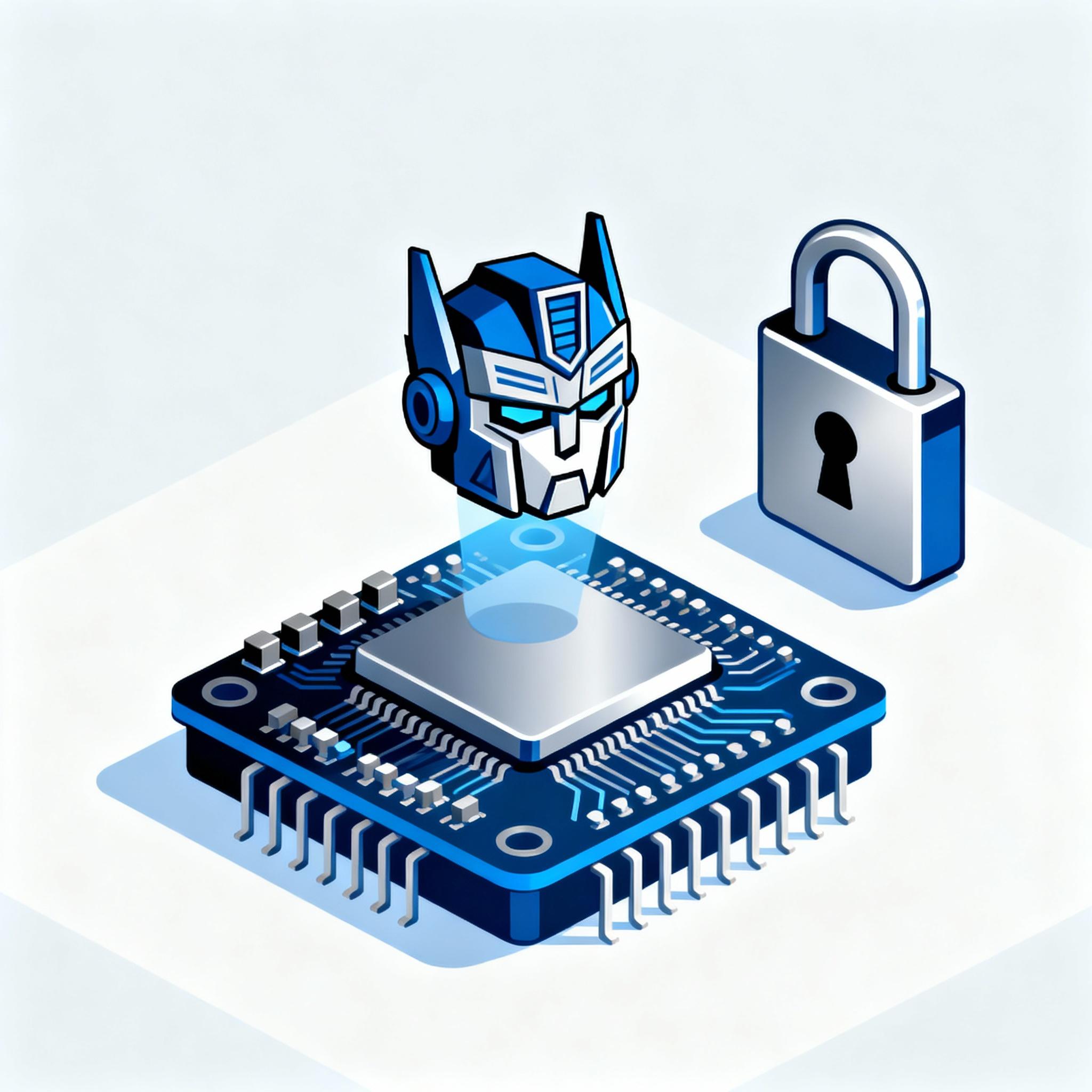 Small microcontroller running a transformer model with a lock icon representing privacy