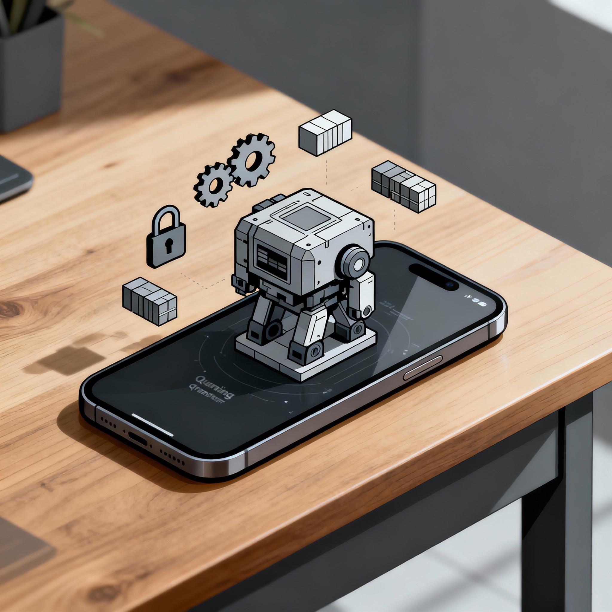 A smartphone displaying a compact transformer model icon, with gears and security shield symbols