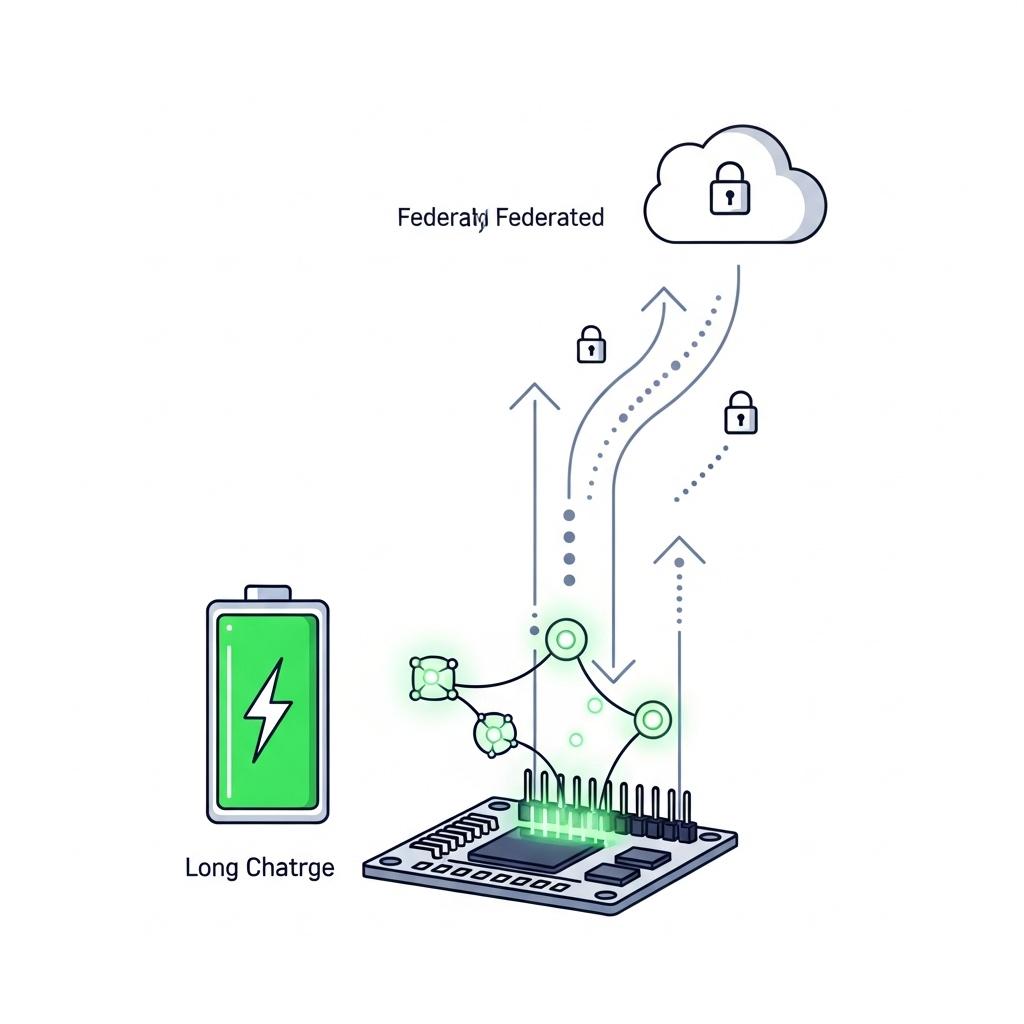 Microcontroller with tiny neural net and battery icon illustrating TinyML at the edge