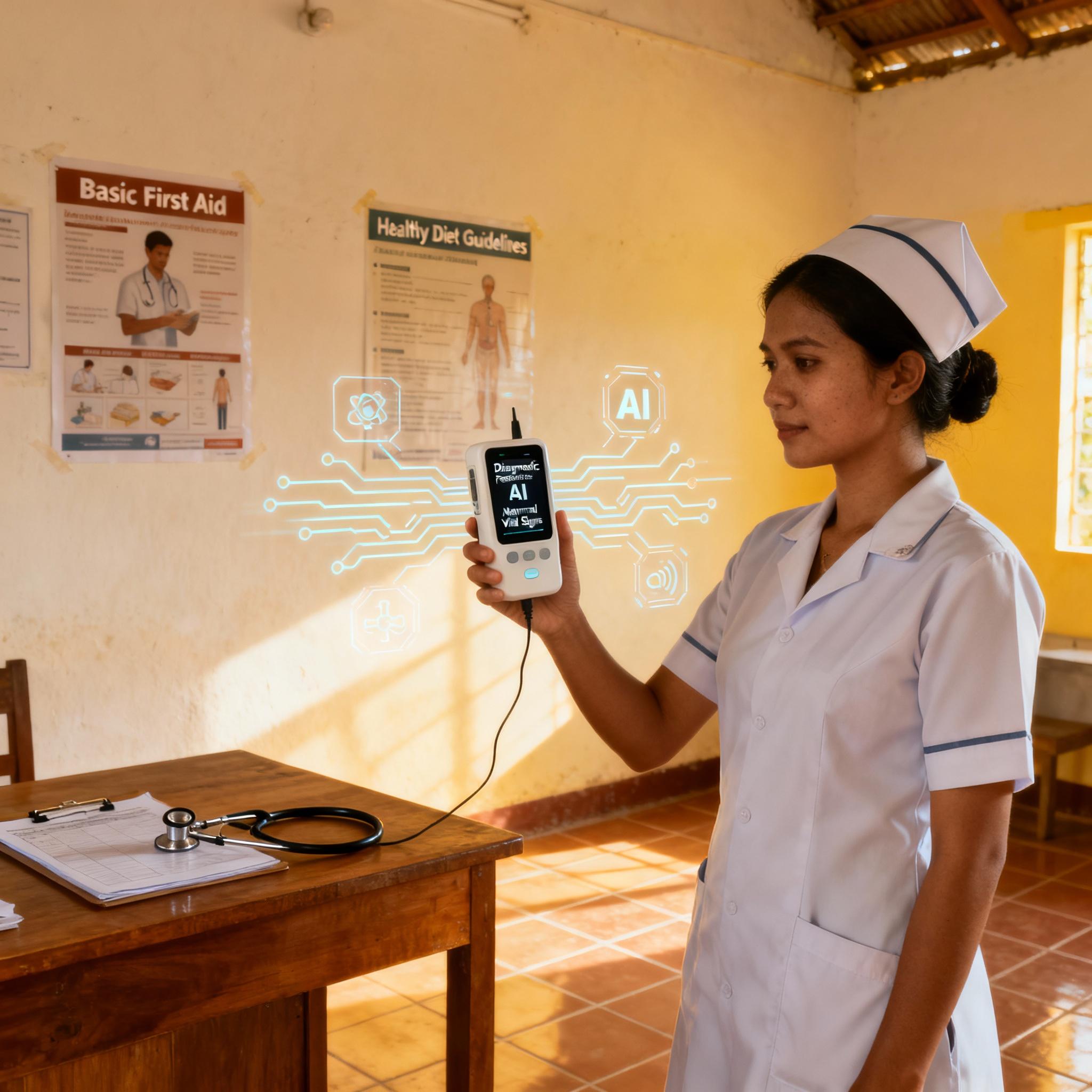 Medical worker using a handheld device with AI in a rural clinic