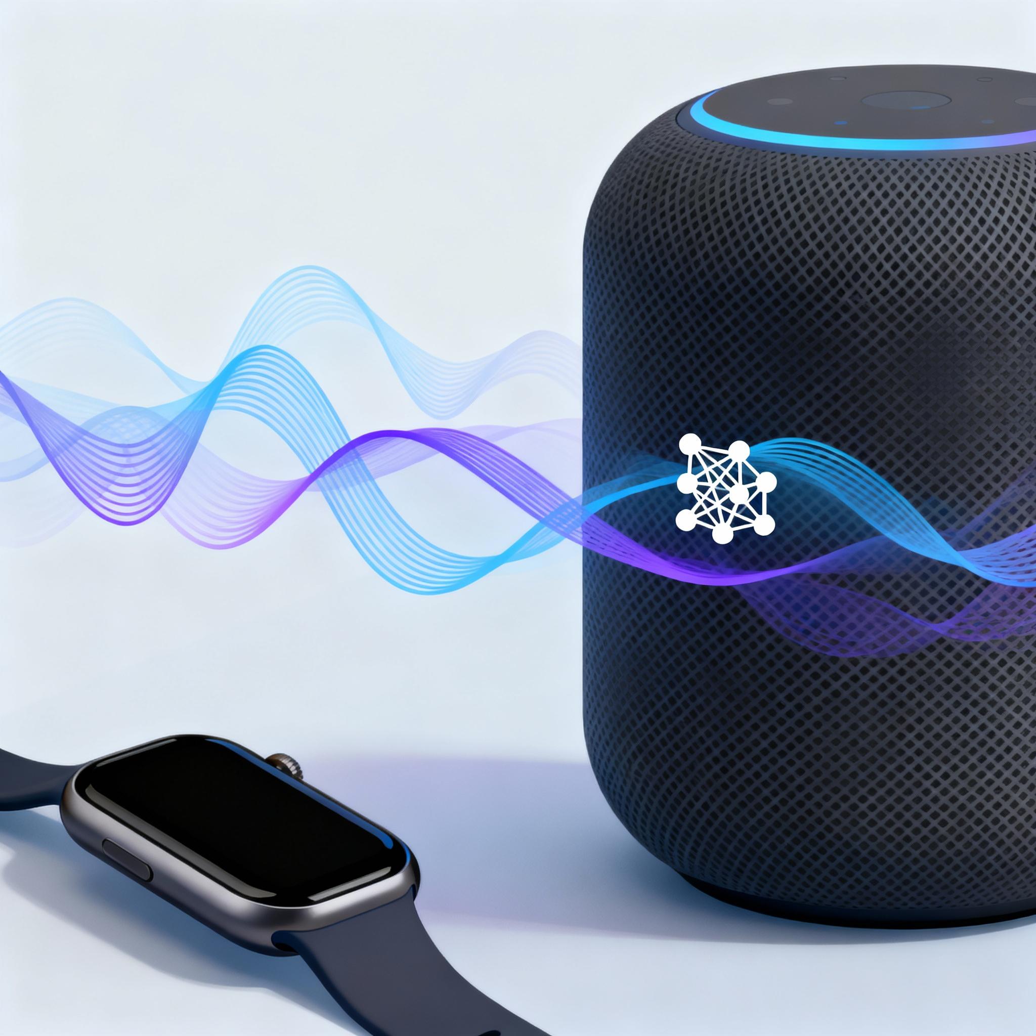 A small smart home device running a tiny language model locally, visualized with signal lines.