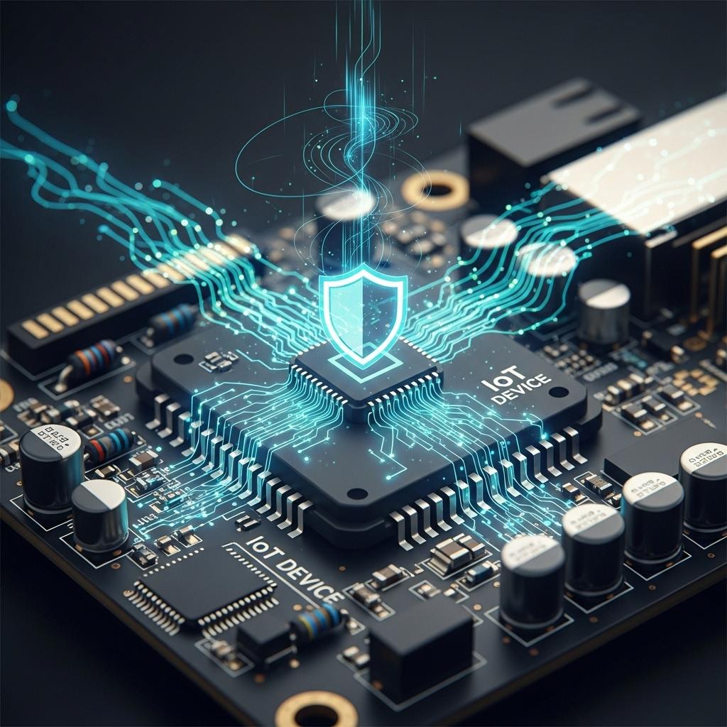 A microcontroller with a neural-network visualization and a shield icon, symbolizing on-device anomaly detection for IoT security