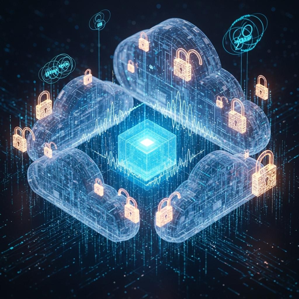 Stylized data center with glowing locks and a small enclave node highlighted