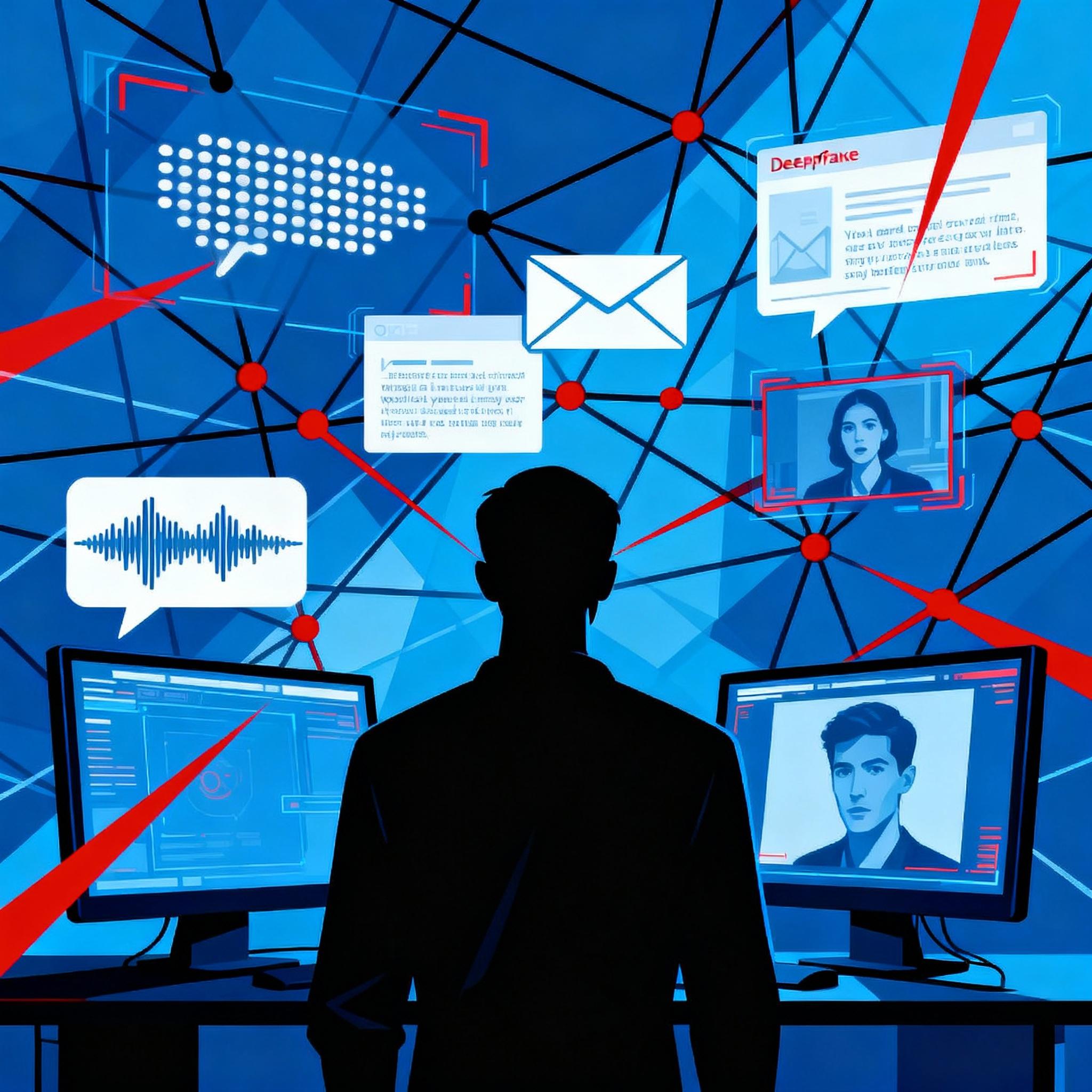 Abstract depiction of AI-generated social engineering: a silhouette being manipulated by a network of synthesized messages, voice waves, and video frames.