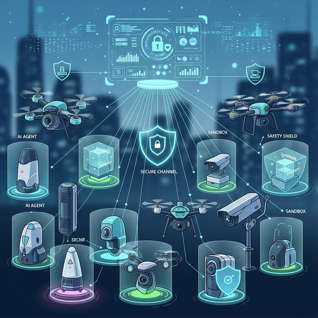 Illustration of autonomous AI agents running on IoT devices at the network edge.