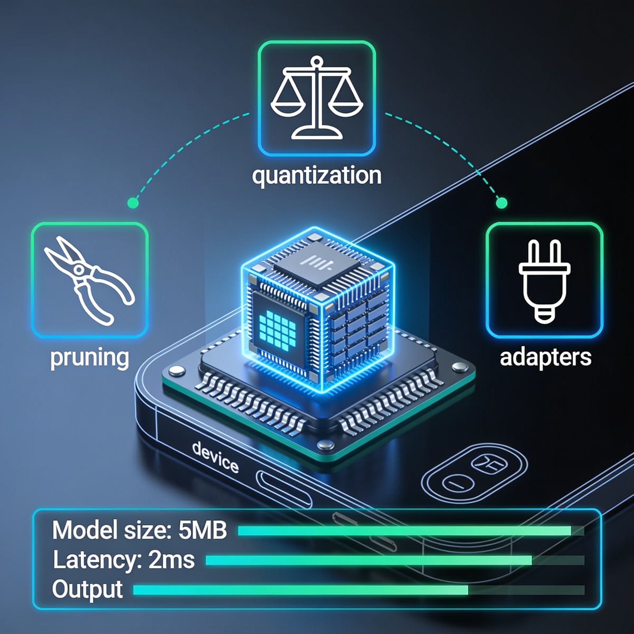 A compact language model running on an edge device, visualized as a microchip with text output