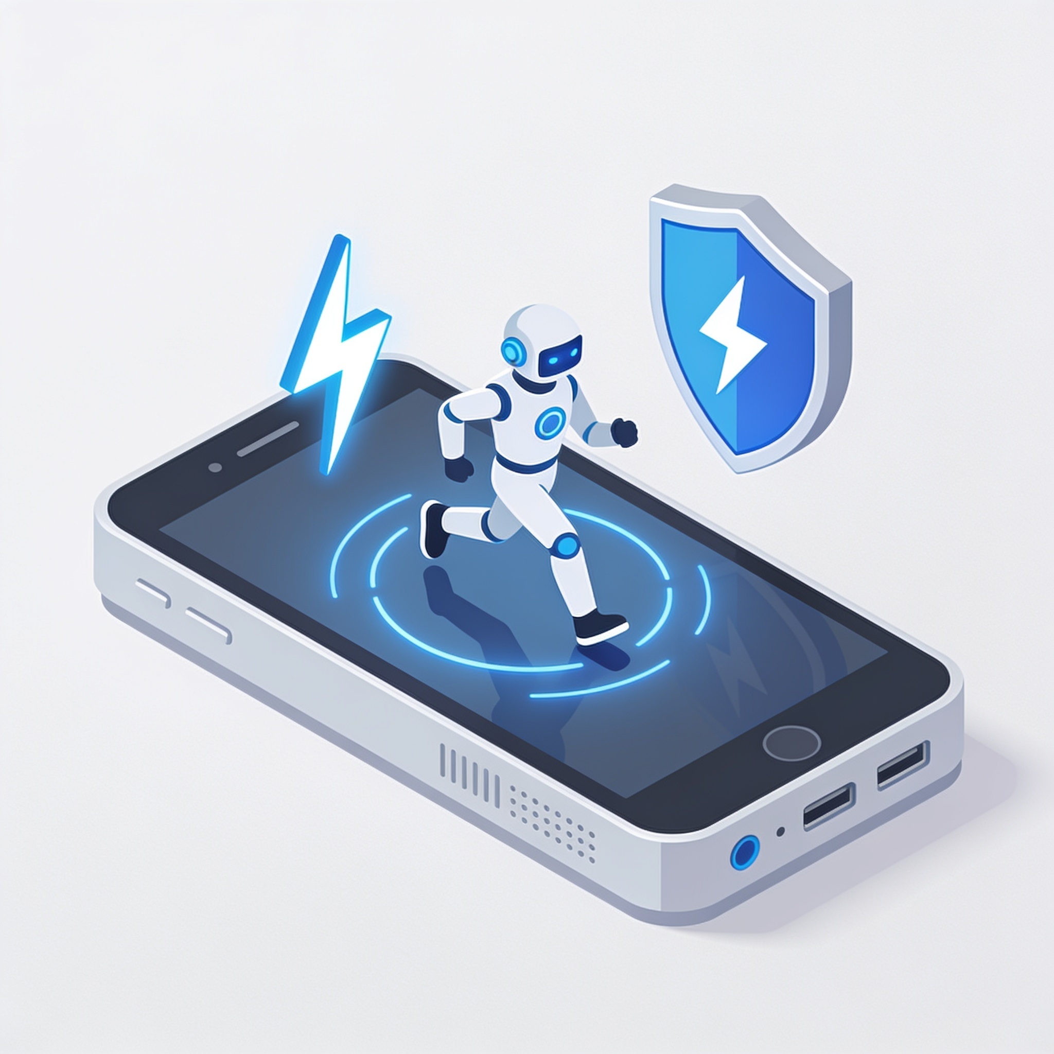 Illustration of an AI agent running on an edge device with shield and lightning bolt symbols for privacy and low latency
