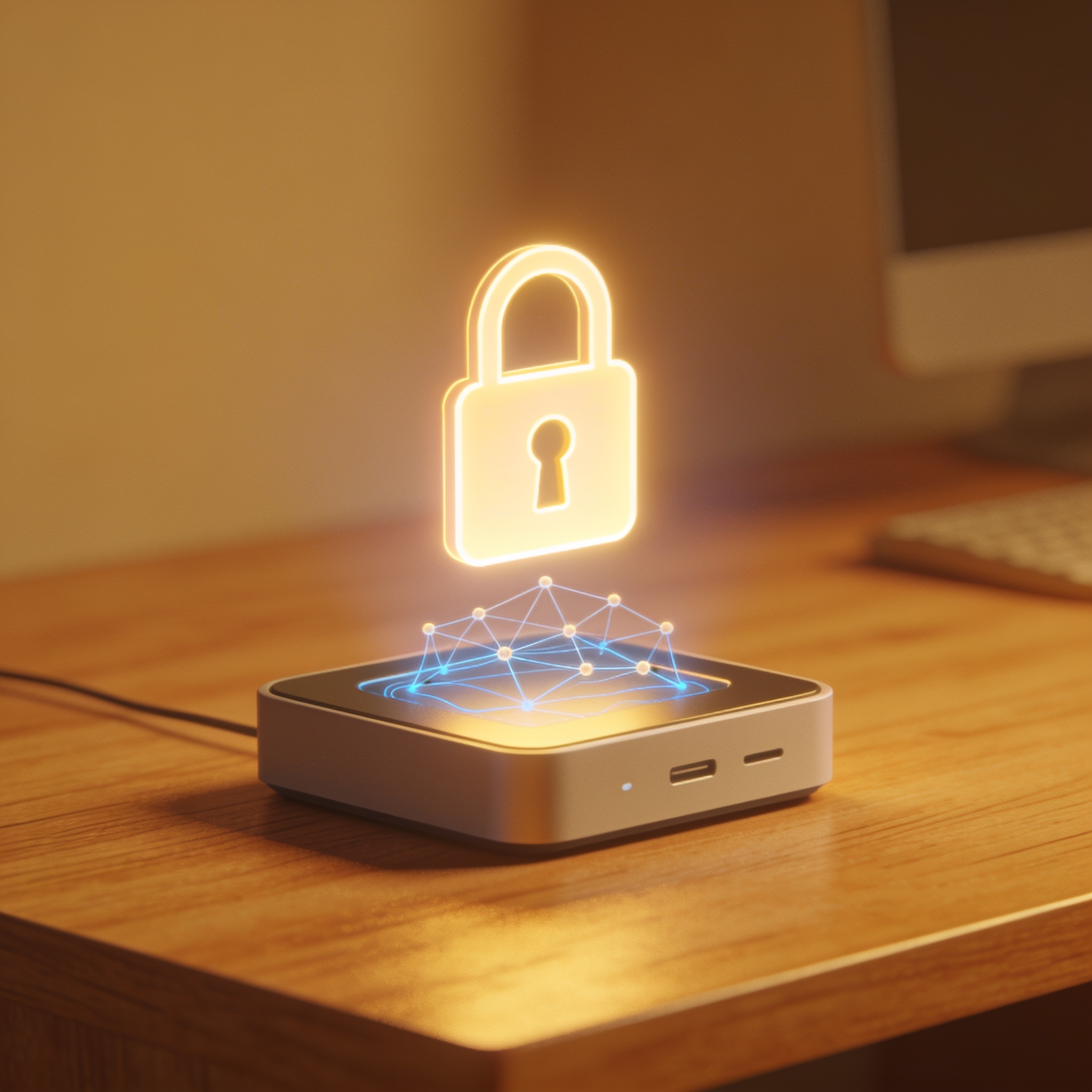 A small IoT device running an LLM locally, with lock icon representing privacy