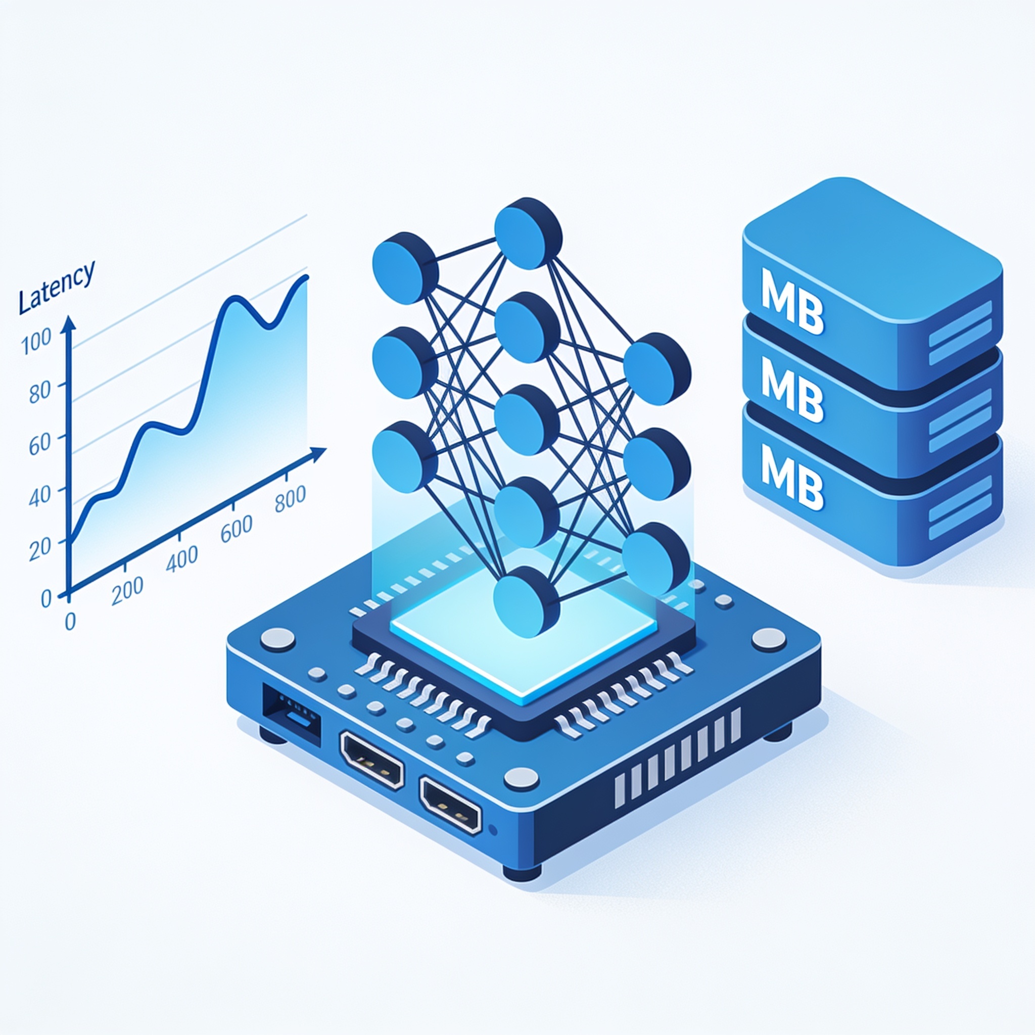 A compact neural network model deployed on a tiny device with latency graphs and hardware icons