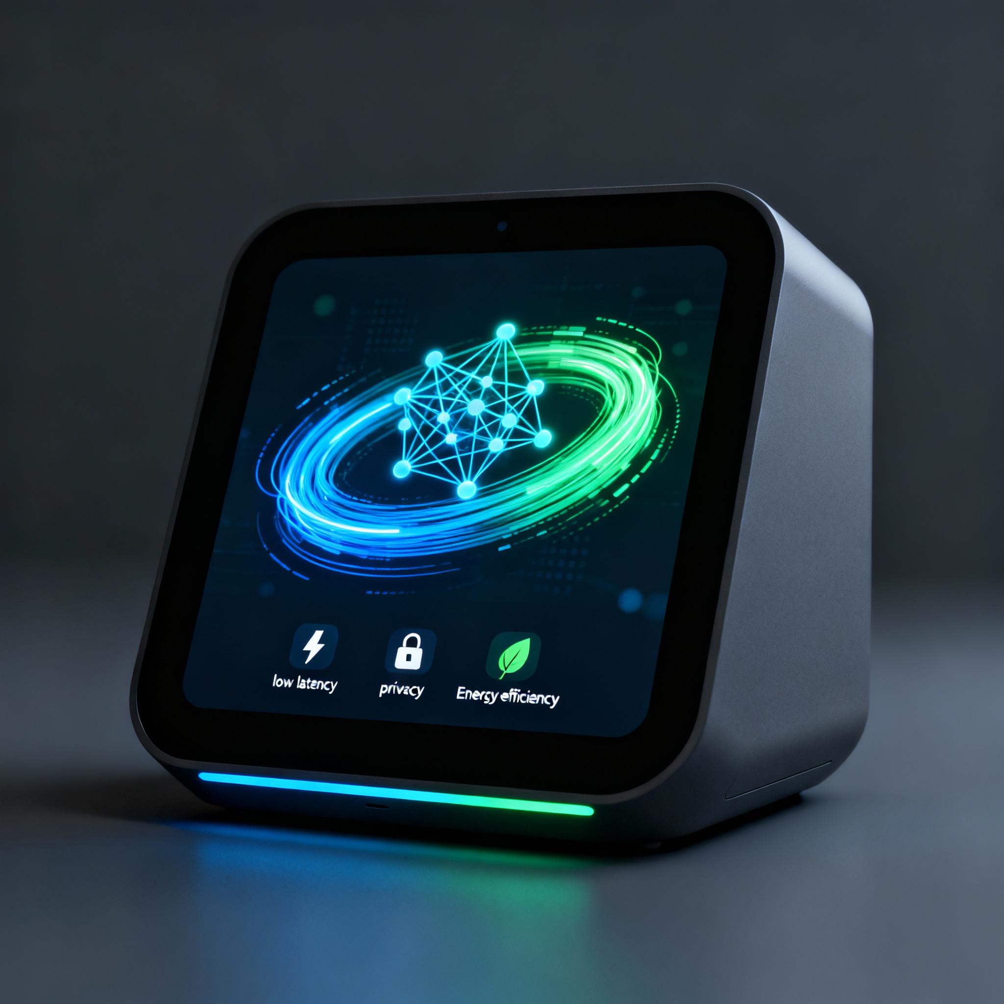 A smart home device running an on-device AI model, visualized as a small neural network near a router and sensors