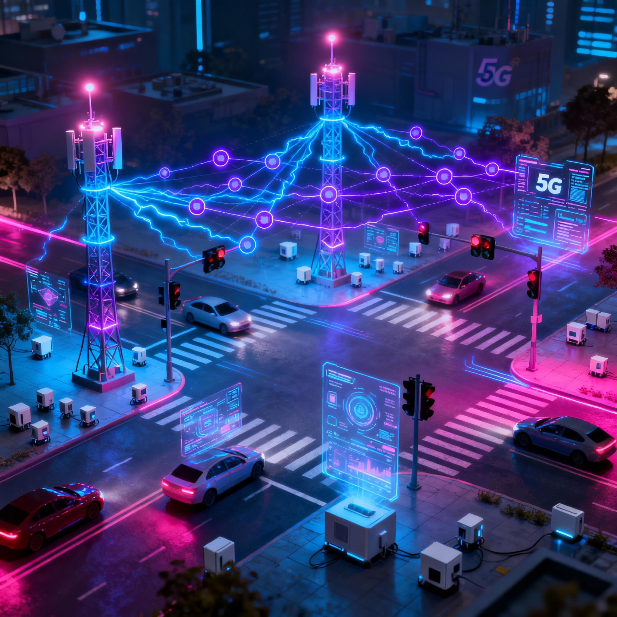 City intersection with AI overlays on vehicles and network nodes