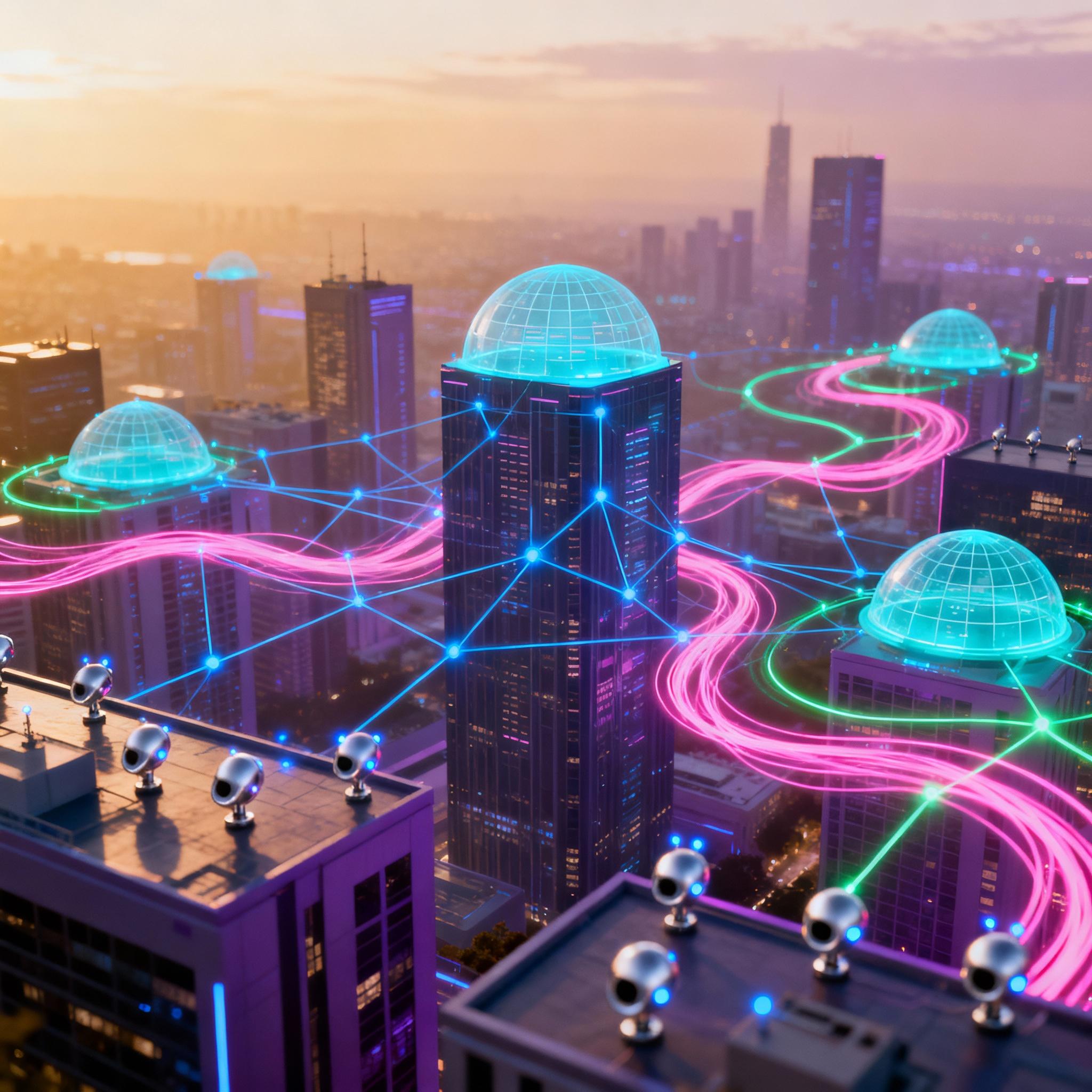 A stylized city skyline with IoT sensors and neural network motifs connecting buildings