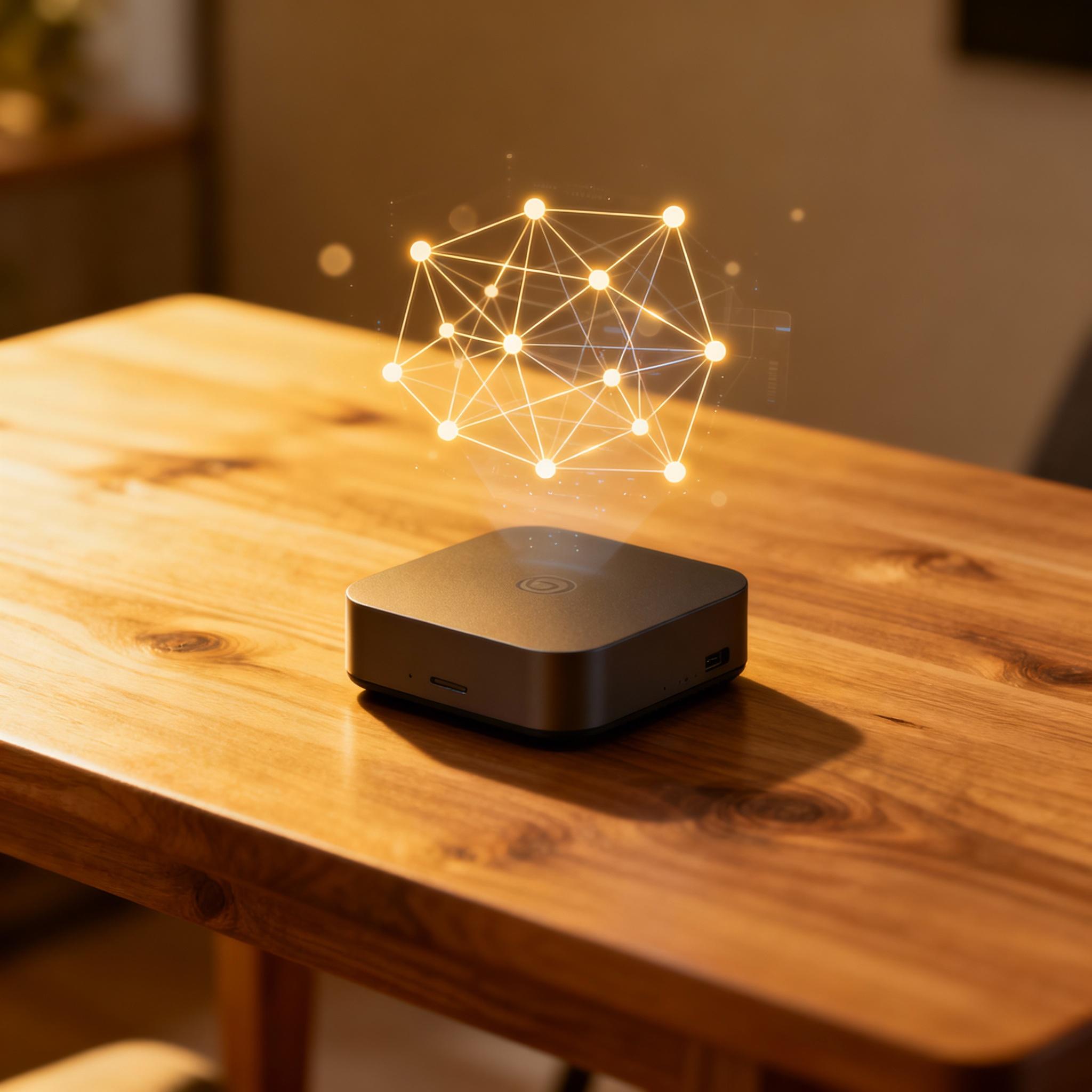 A small IoT device with a glowing neural network overlay, representing on-device AI