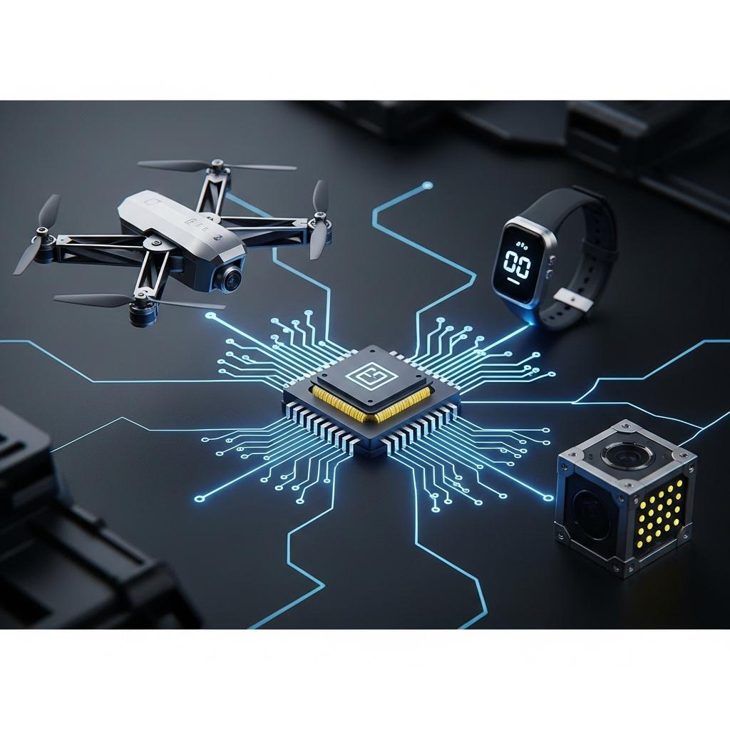 A drone, wearable, and sensor with a tiny transformer brain visualized as a microchip.