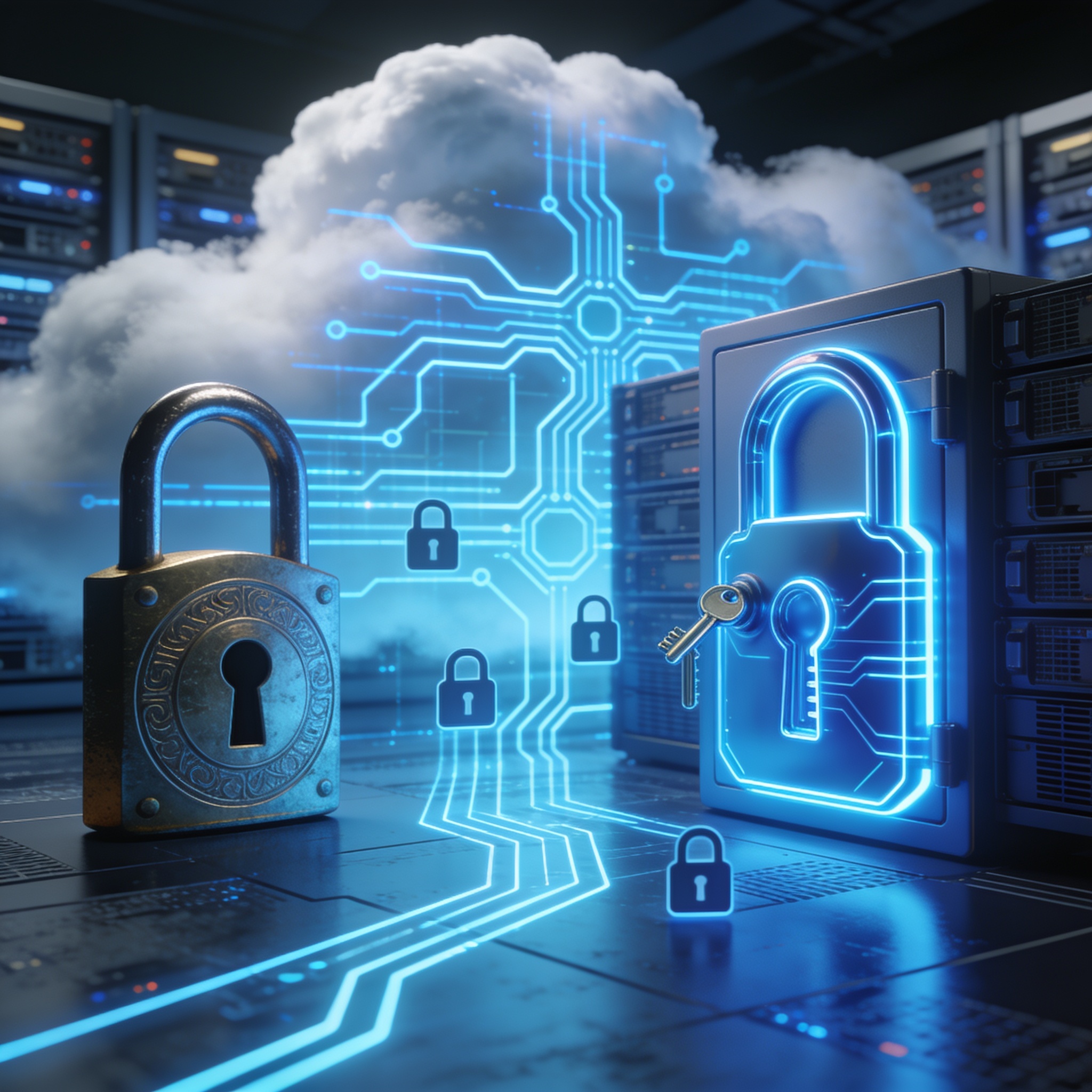 A cloud server morphing into a stylized quantum circuit, symbolizing cryptographic transition