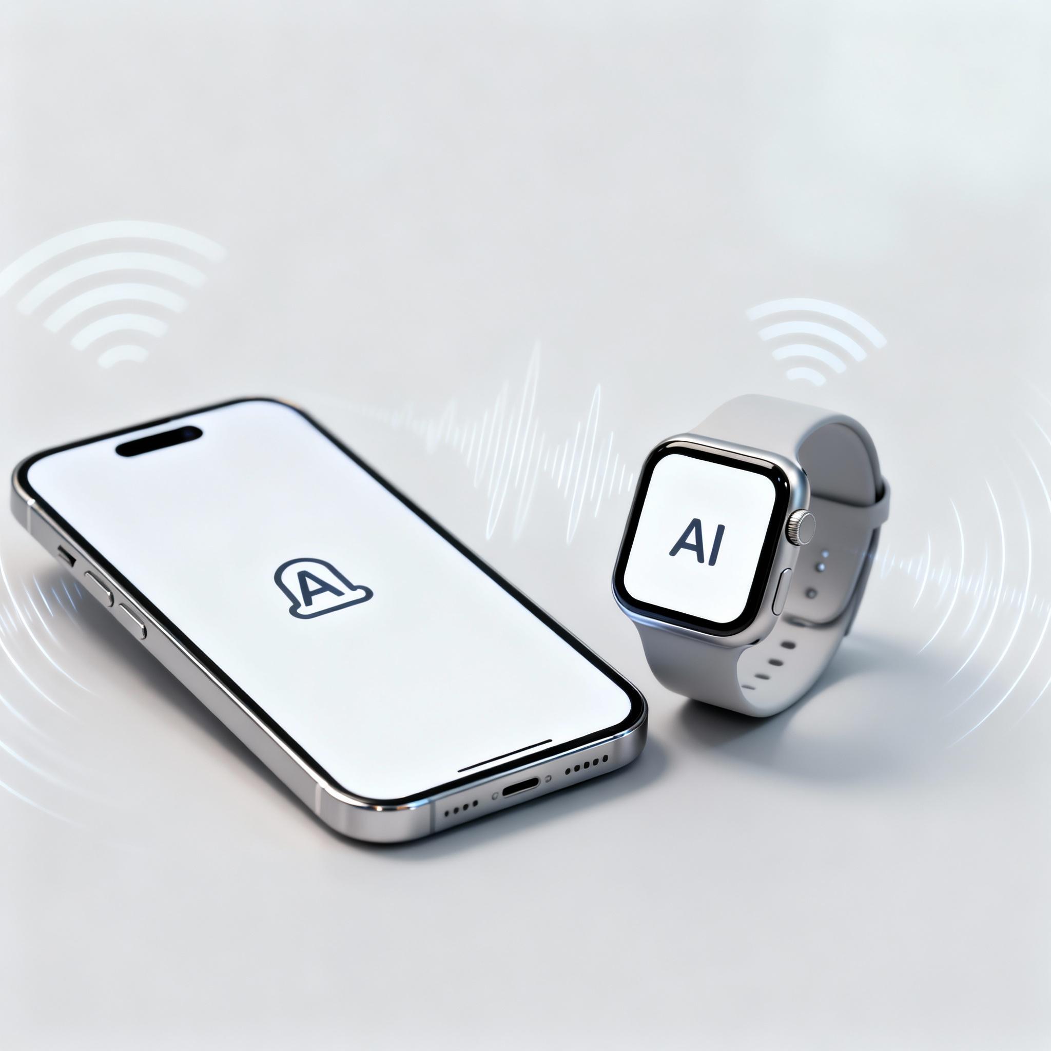 A smartphone and smartwatch displaying an AI assistant icon with low-latency signal waves