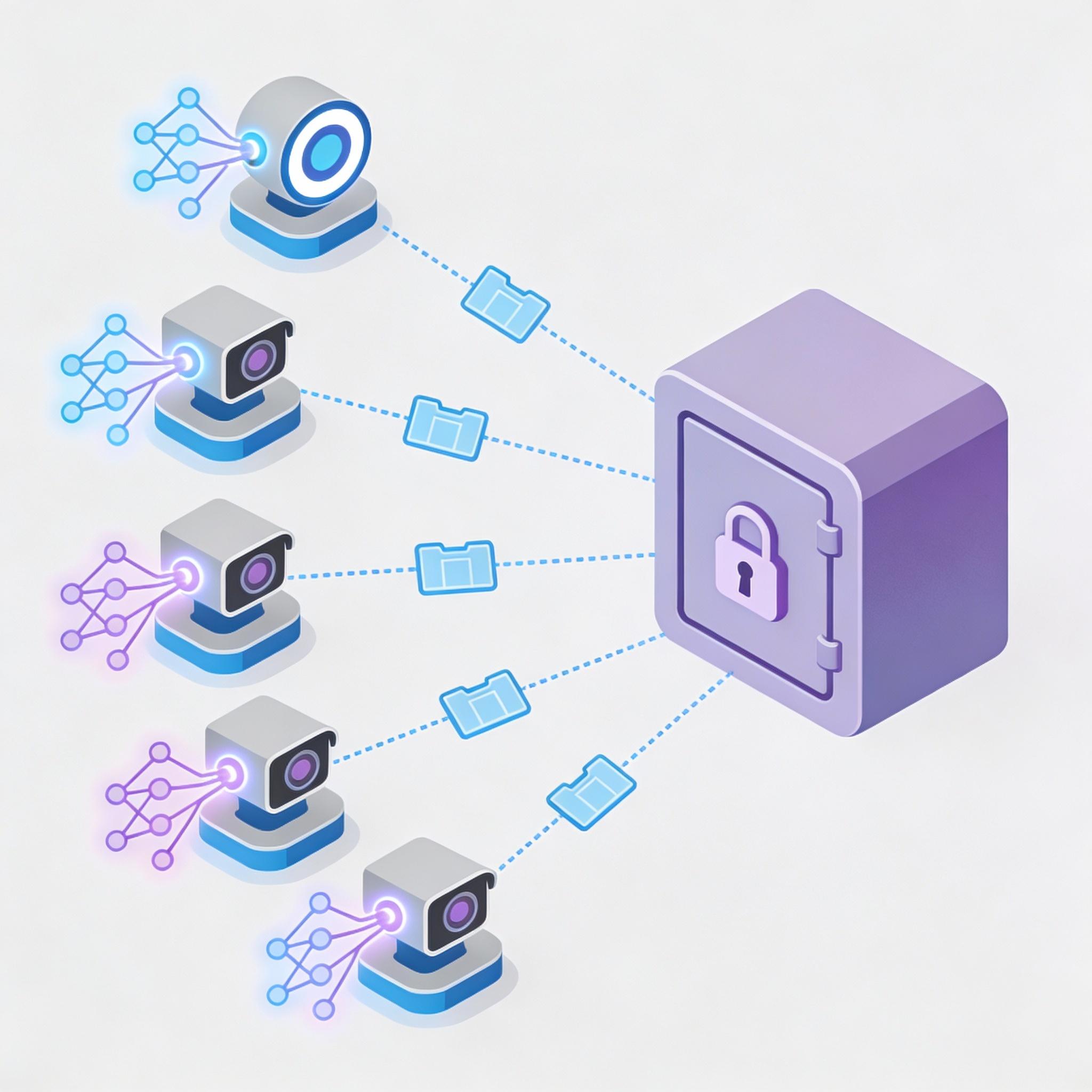Schematic of IoT devices with on-device ML models communicating minimal updates to a secure aggregator
