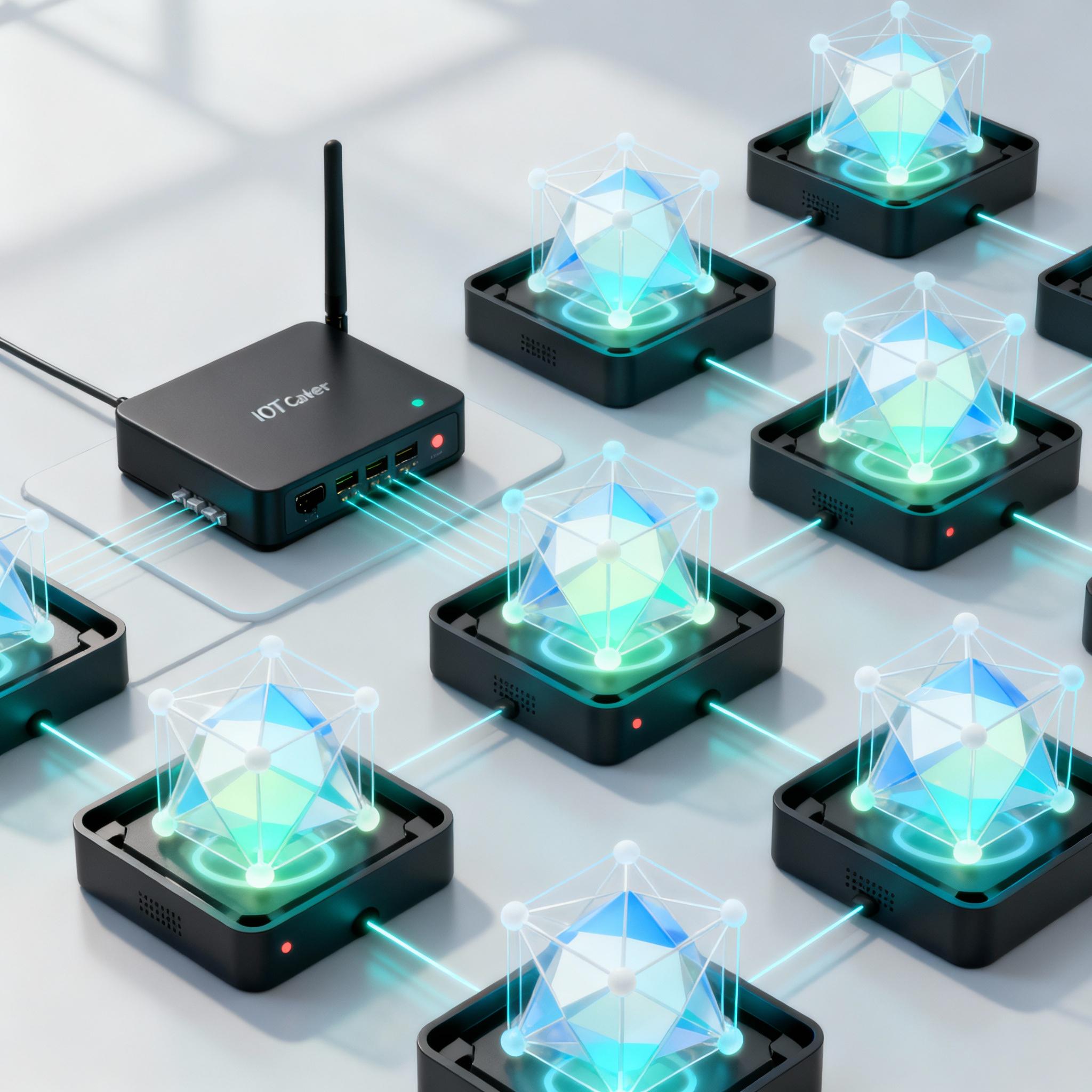 Illustration of IoT devices with embedded AI models detecting threats at the edge