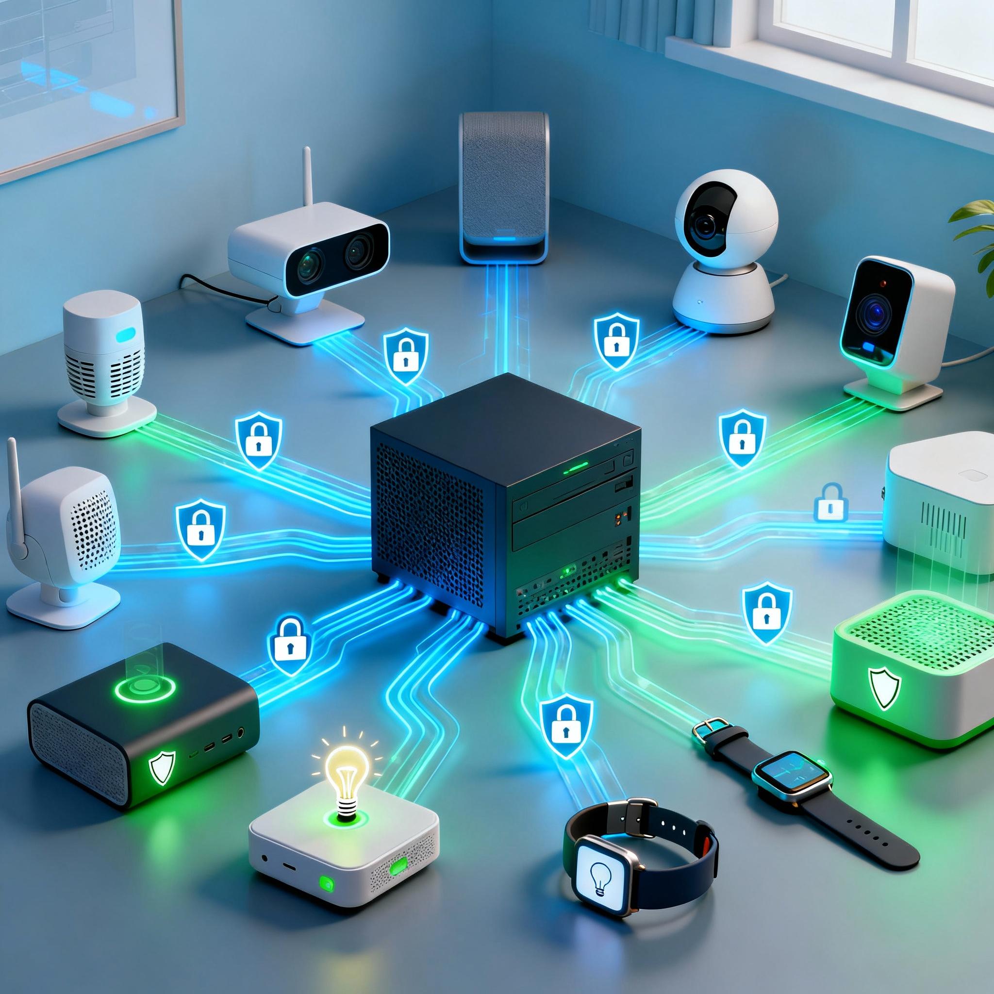 Illustration of many IoT devices collaborating to train an AI model without sharing raw data