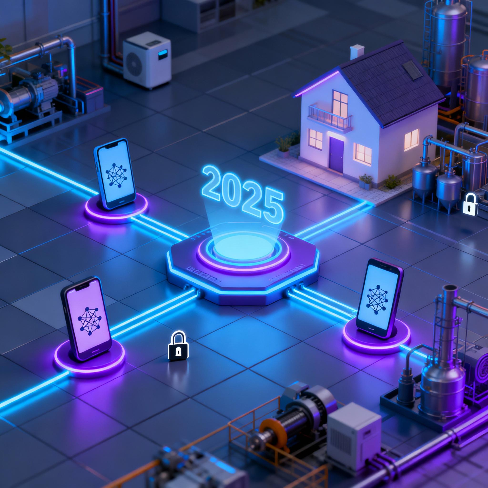 Illustration of smart home and industrial IoT devices training models locally with a central aggregator icon