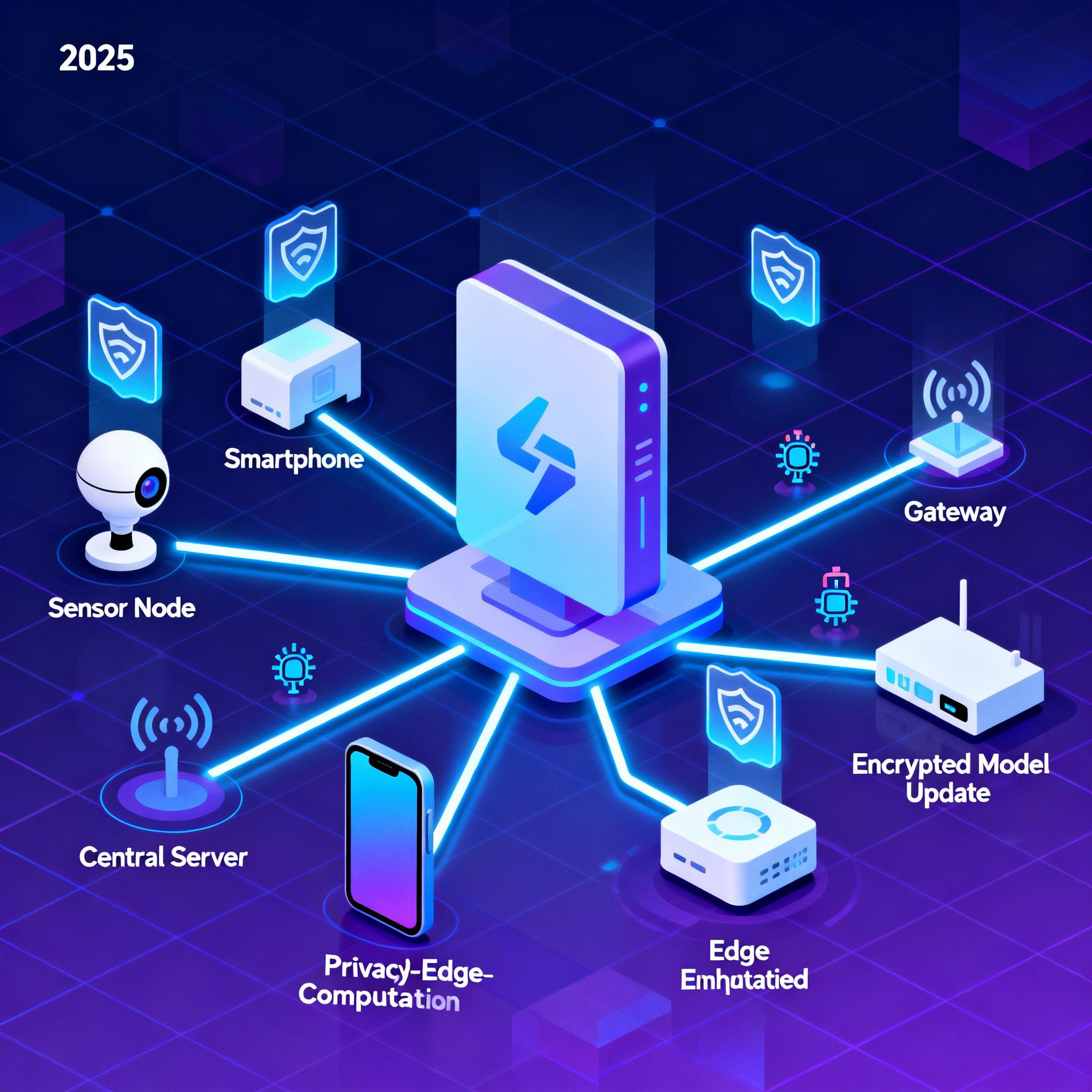 Edge IoT devices collaborating on model training with a central coordinator, visualized as nodes exchanging encrypted updates