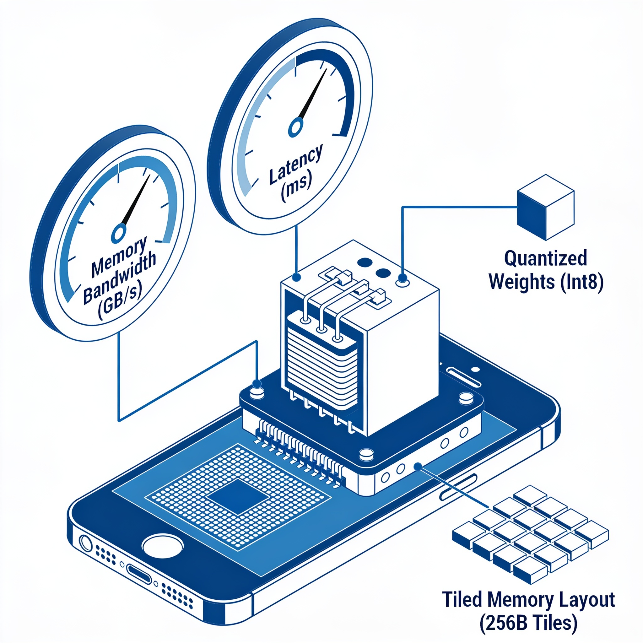 Illustration of a small transformer model running on an edge device, with memory and latency gauges