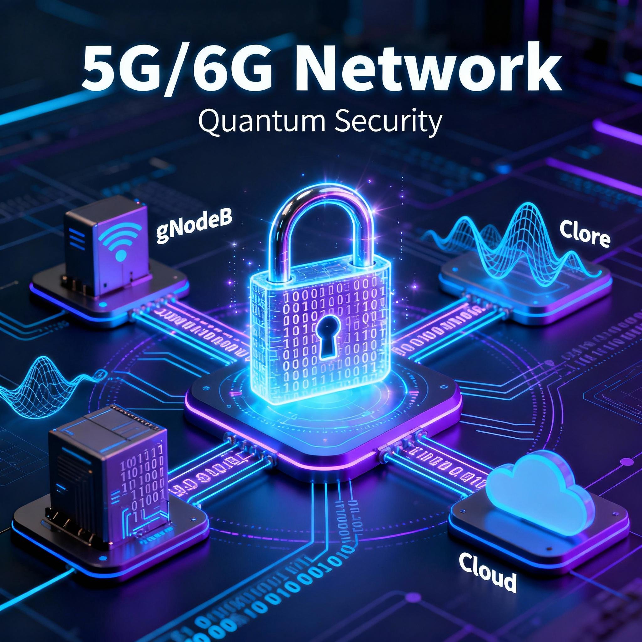 Network diagram showing 5G/6G elements with a quantum lock overlay