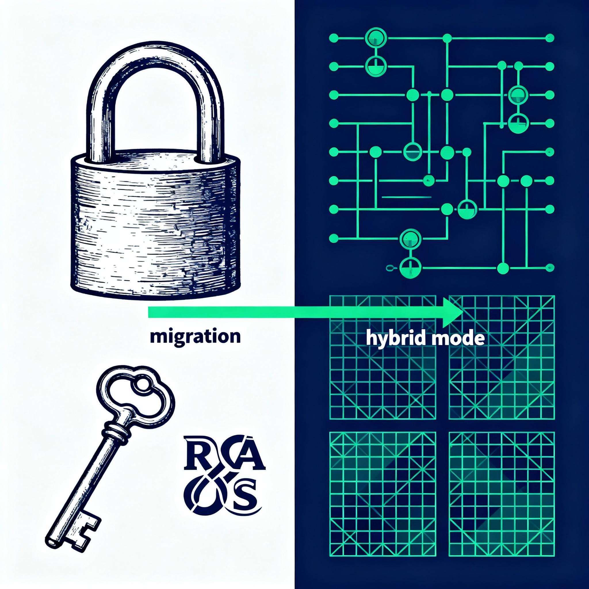 Abstract depiction of classical and quantum cryptography merging into a secure infrastructure